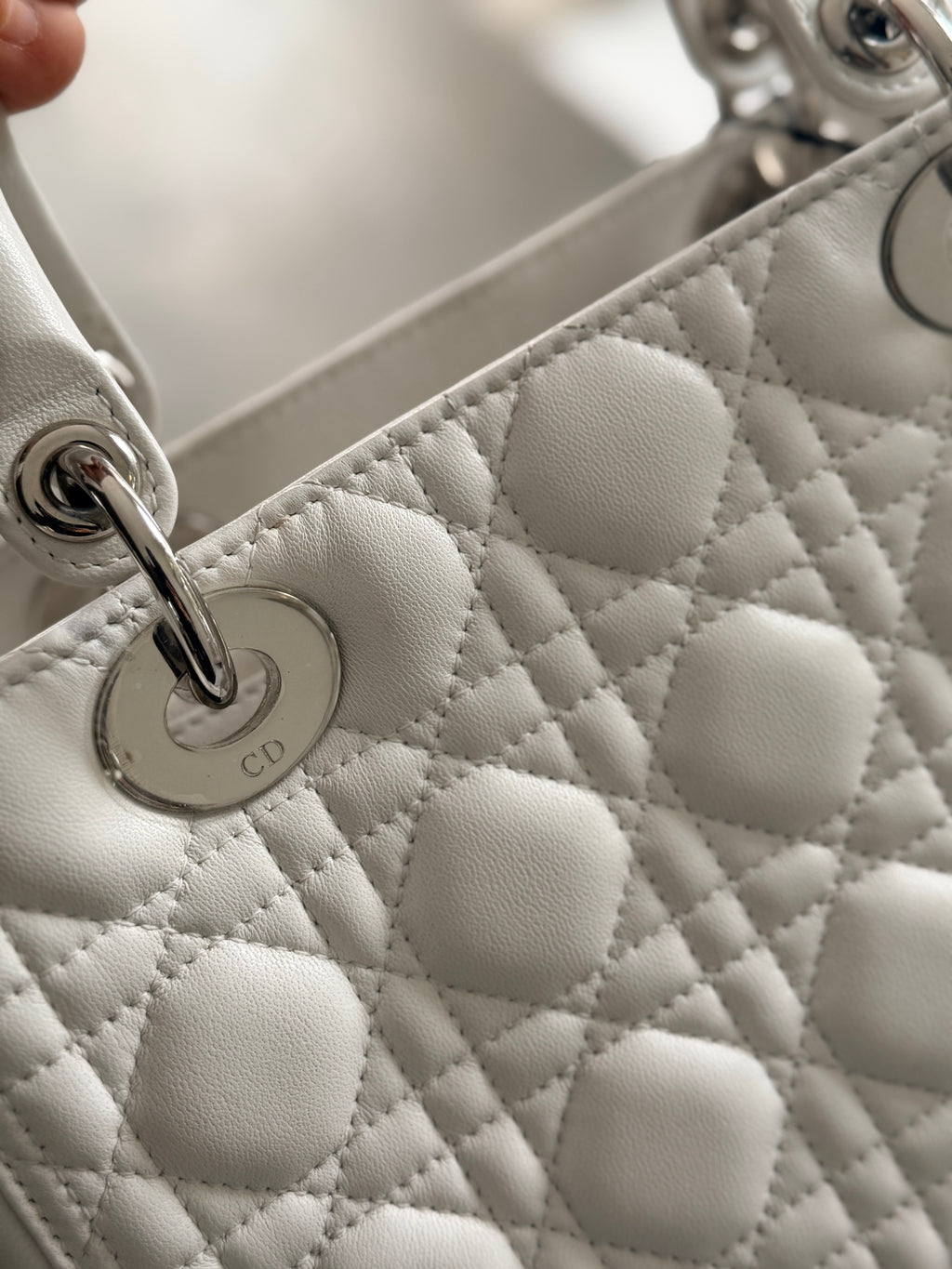 Christian Dior Lady Dior Medium Handbag White Cannage Leather Silver Hardware