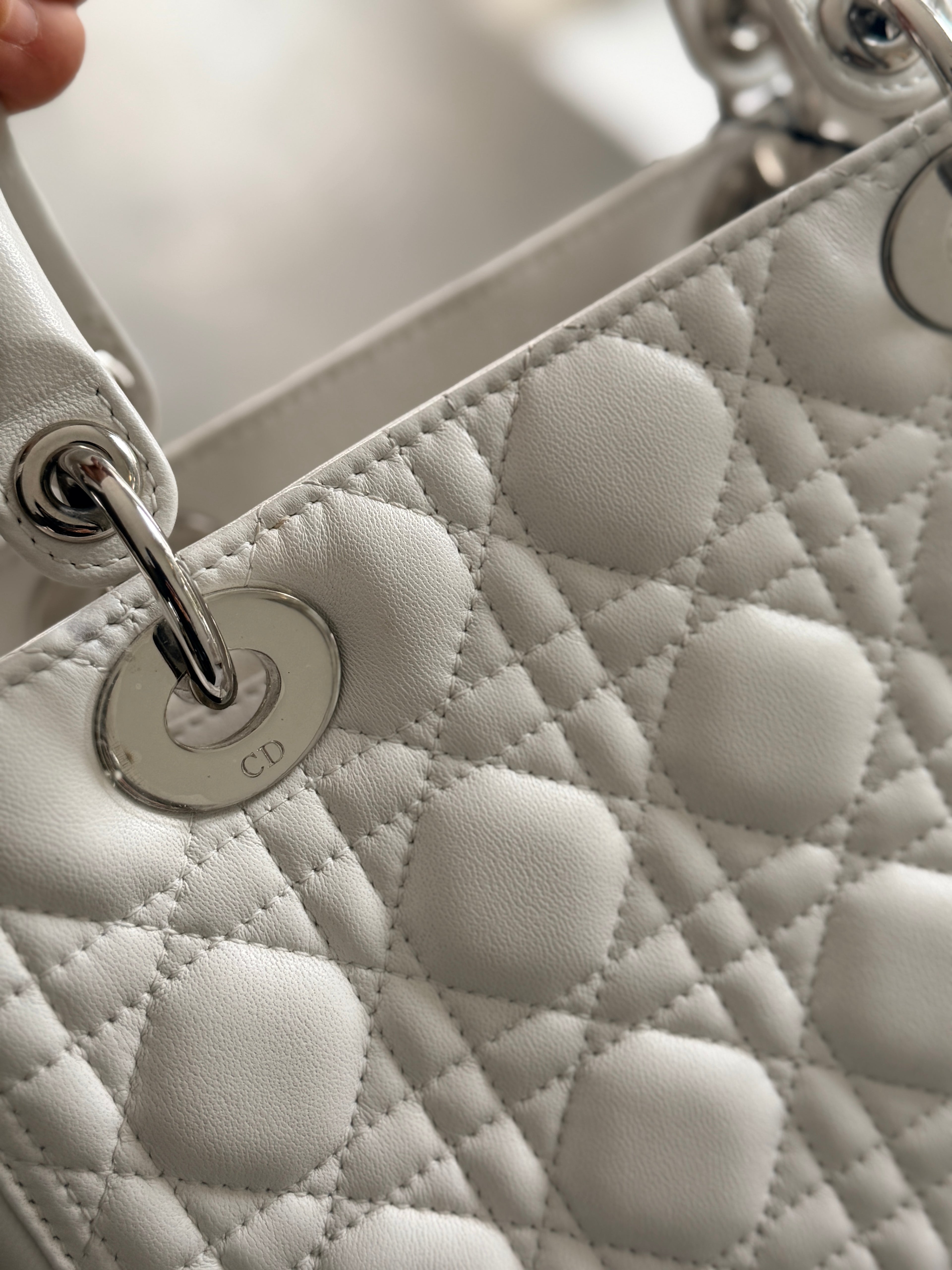 Christian Dior Lady Dior Medium Handbag White Cannage Leather Silver Hardware