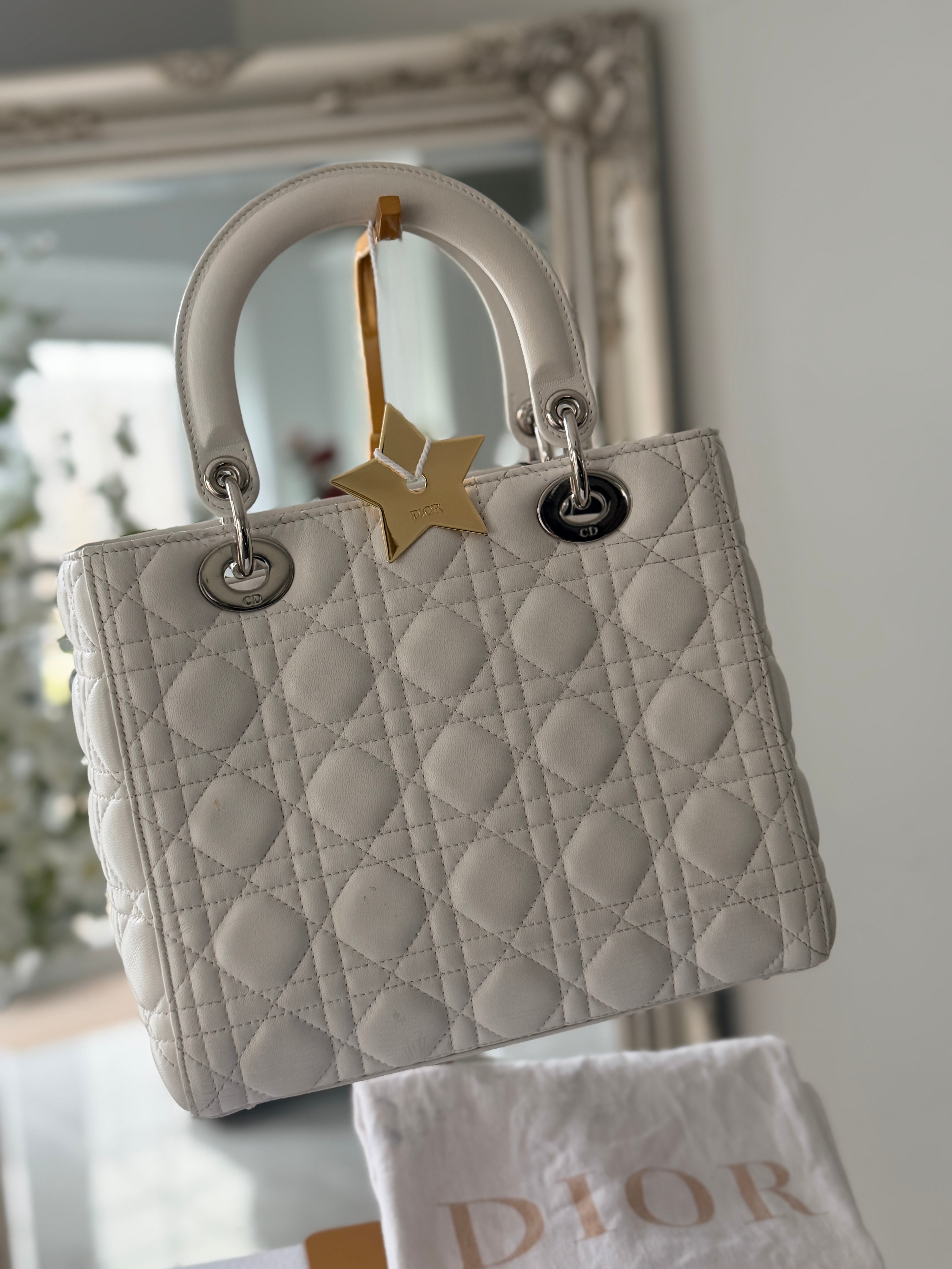 Christian Dior Lady Dior Medium Handbag White Cannage Leather Silver Hardware