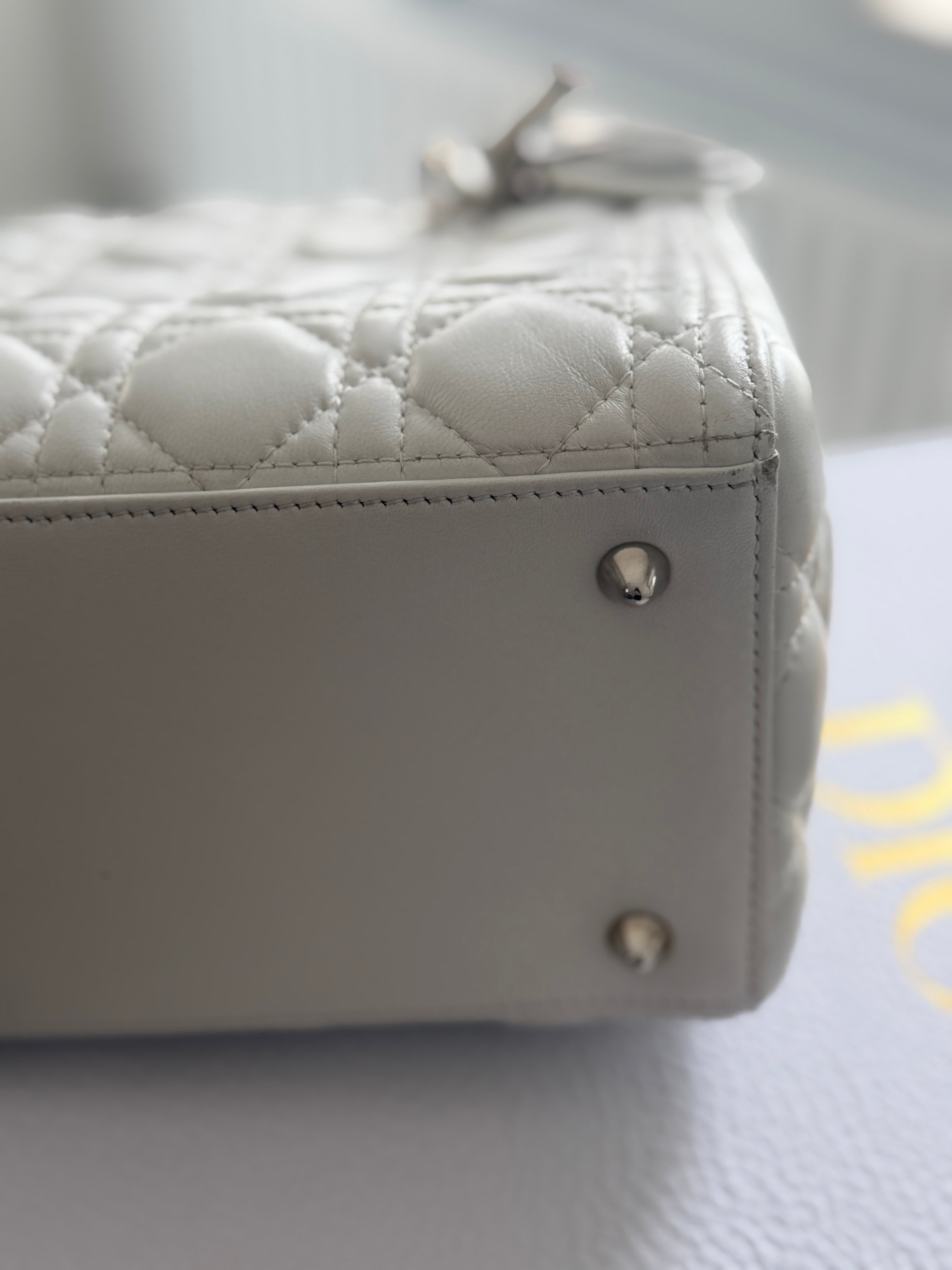 Christian Dior Lady Dior Medium Handbag White Cannage Leather Silver Hardware