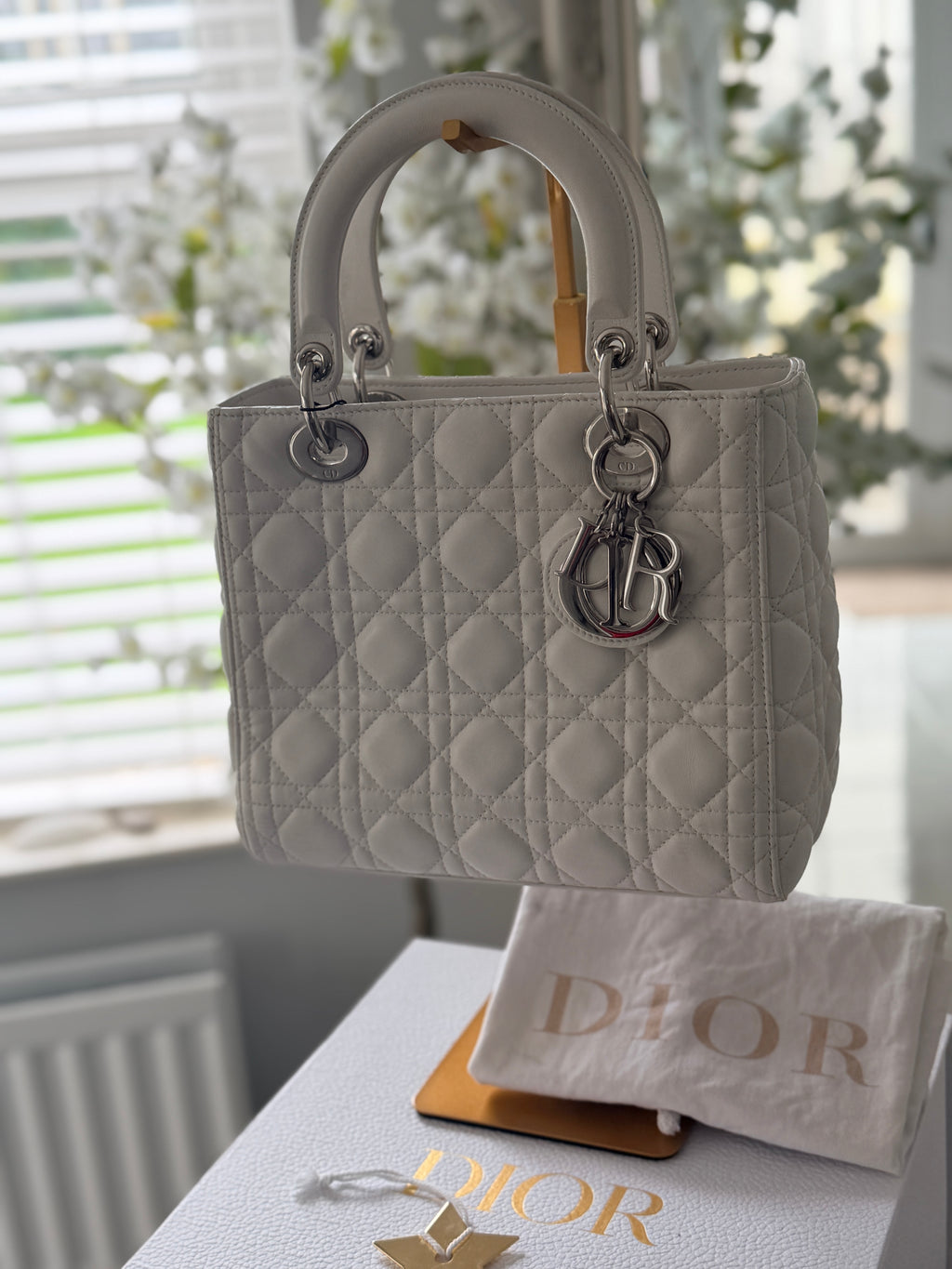 Christian Dior Lady Dior Medium Handbag White Cannage Leather Silver Hardware