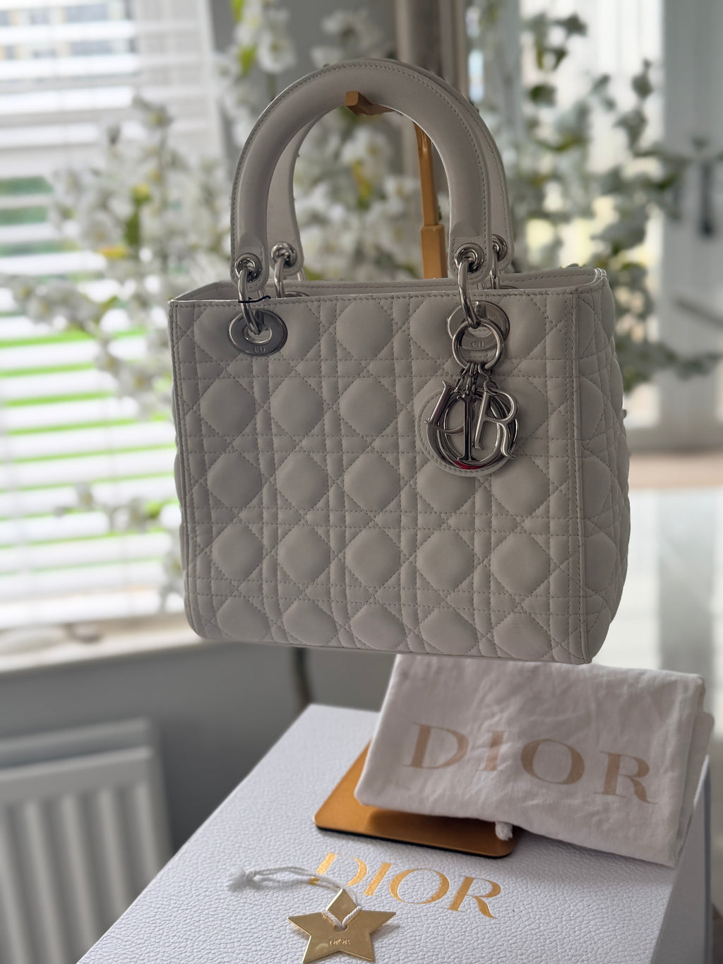 Christian Dior Lady Dior Medium Handbag White Cannage Leather Silver Hardware