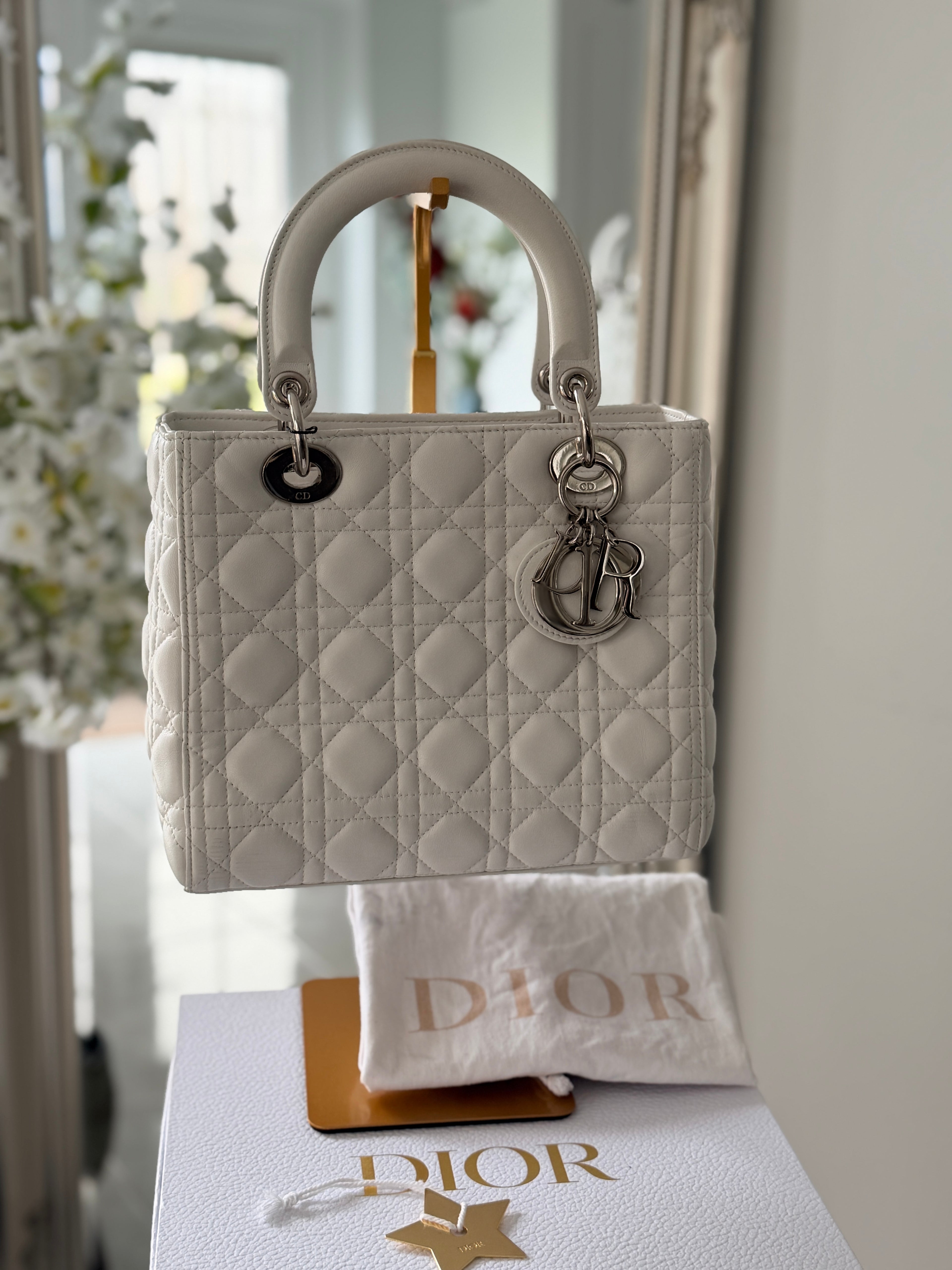 Christian Dior Lady Dior Medium Handbag White Cannage Leather Silver Hardware