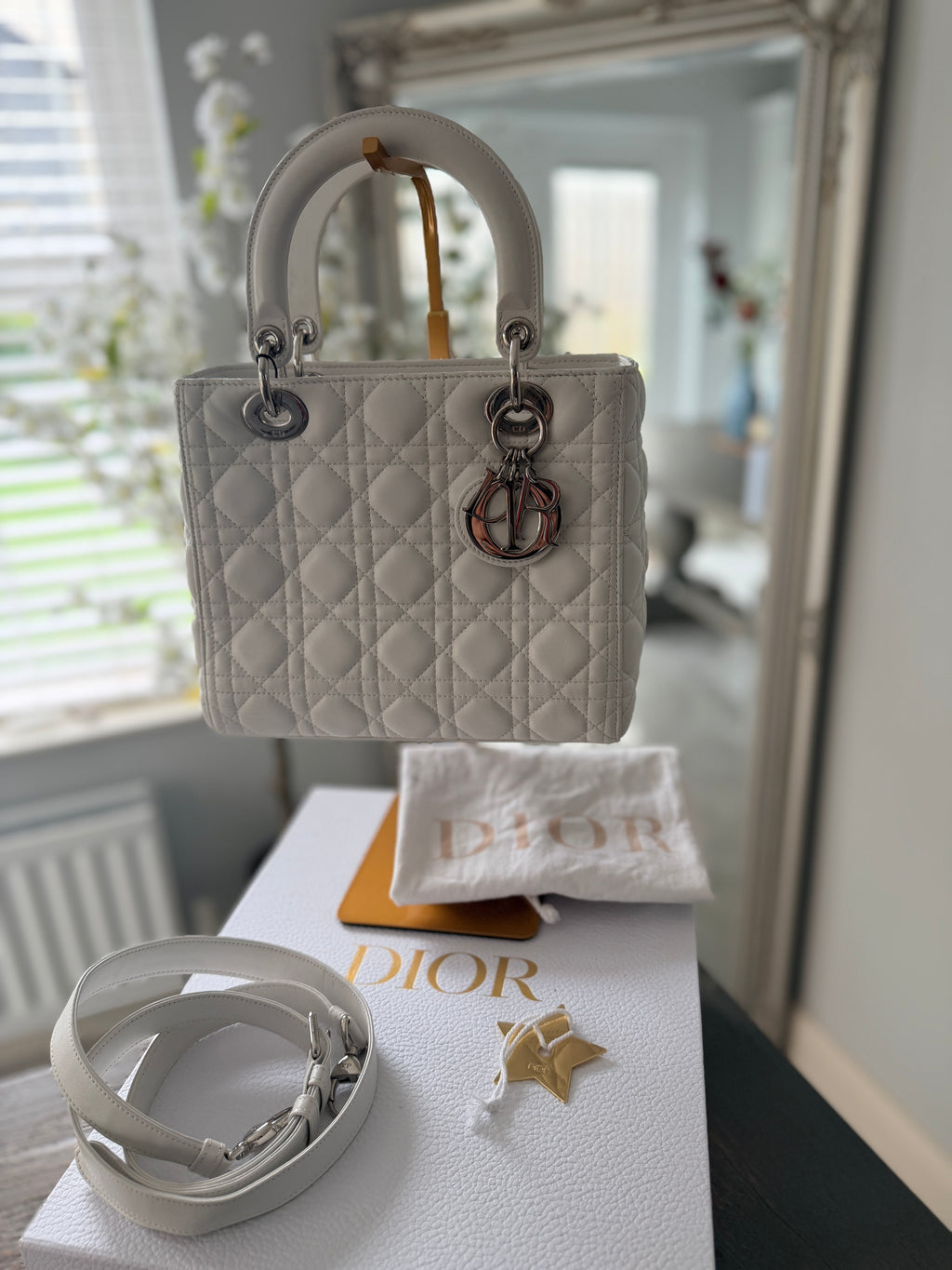 Christian Dior Lady Dior Medium Handbag White Cannage Leather Silver Hardware