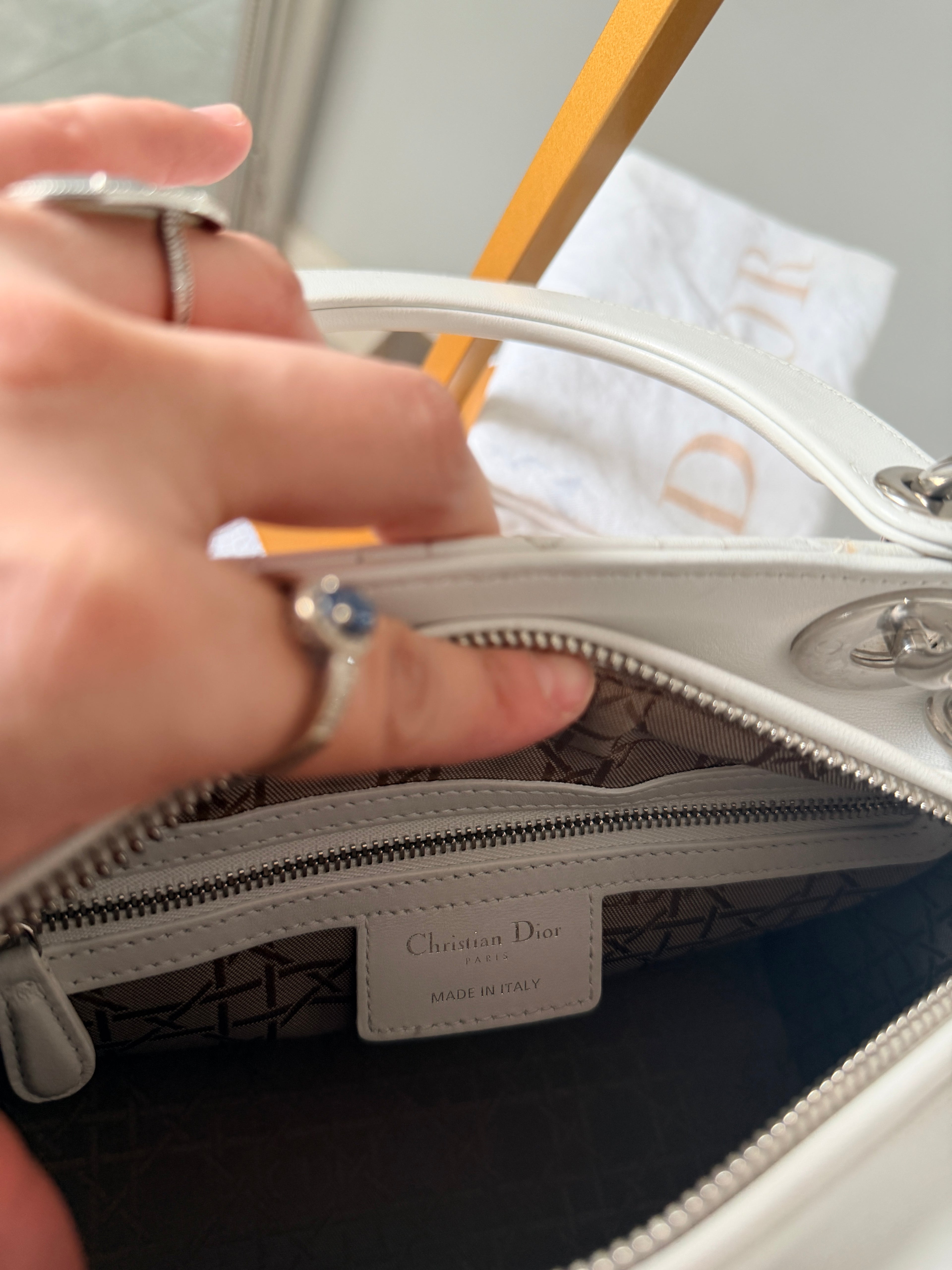 Christian Dior Lady Dior Medium Handbag White Cannage Leather Silver Hardware