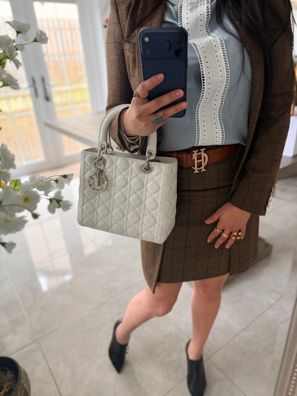 Christian Dior Lady Dior Medium Handbag White Cannage Leather Silver Hardware