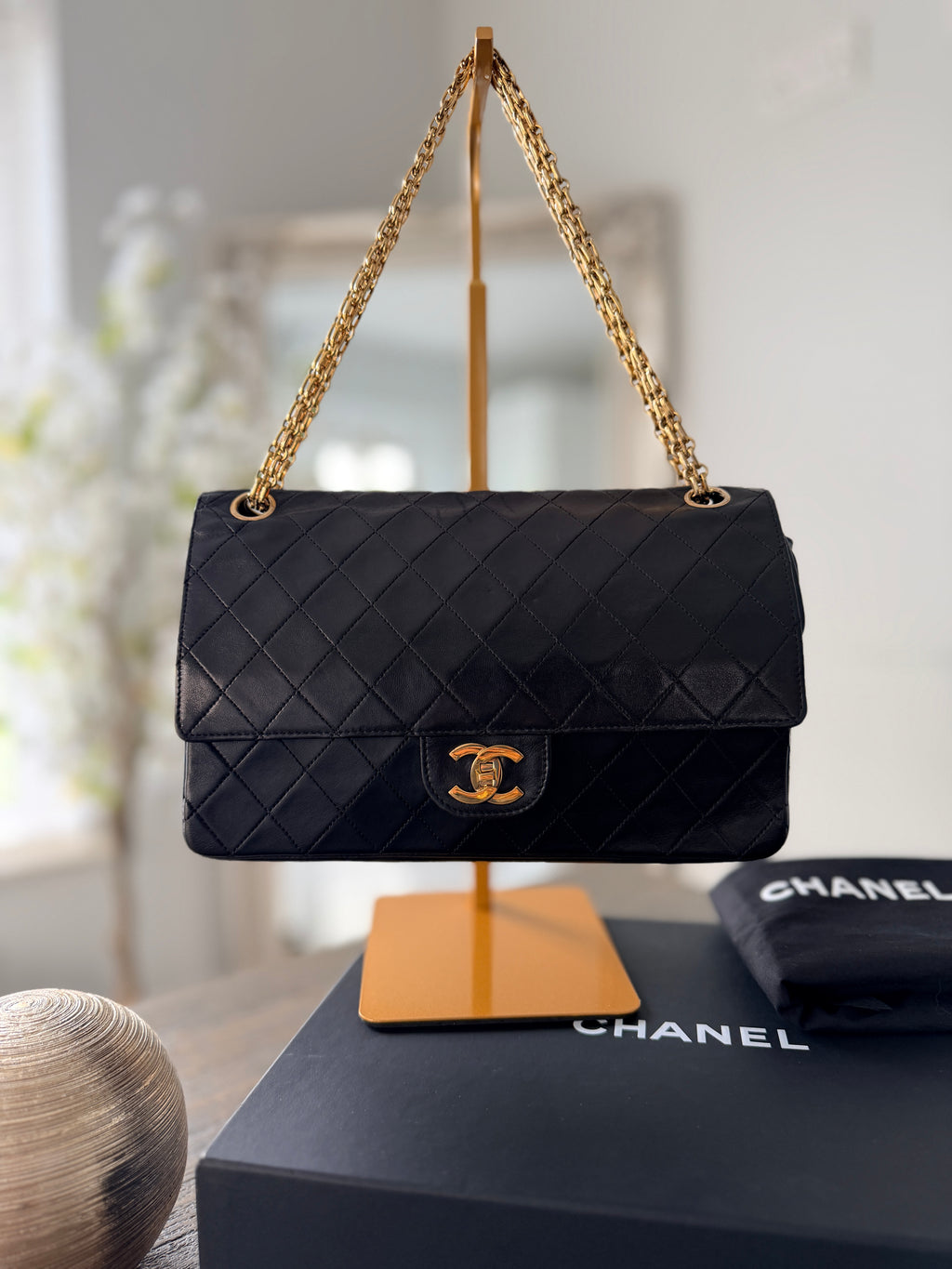 Chanel Medium Bag Double Flap Black Lambskin Leather Gold Hardware