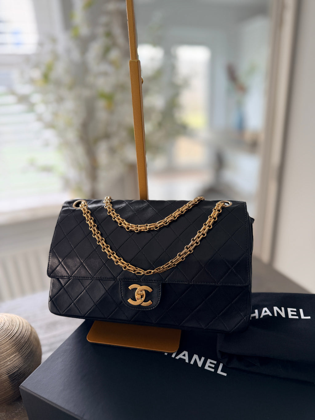 Chanel Medium Bag Double Flap Black Lambskin Leather Gold Hardware
