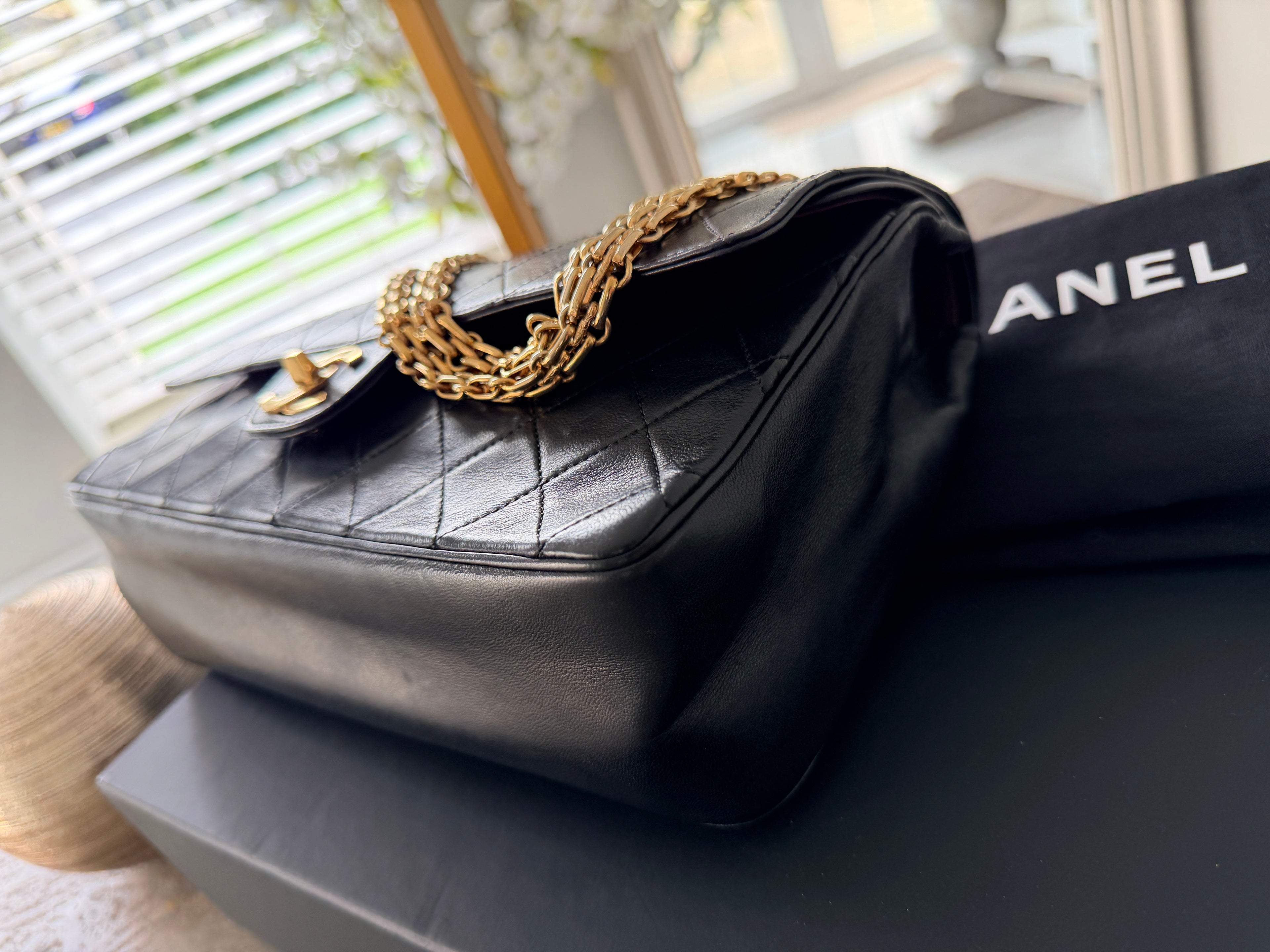 Chanel Medium Bag Double Flap Black Lambskin Leather Gold Hardware