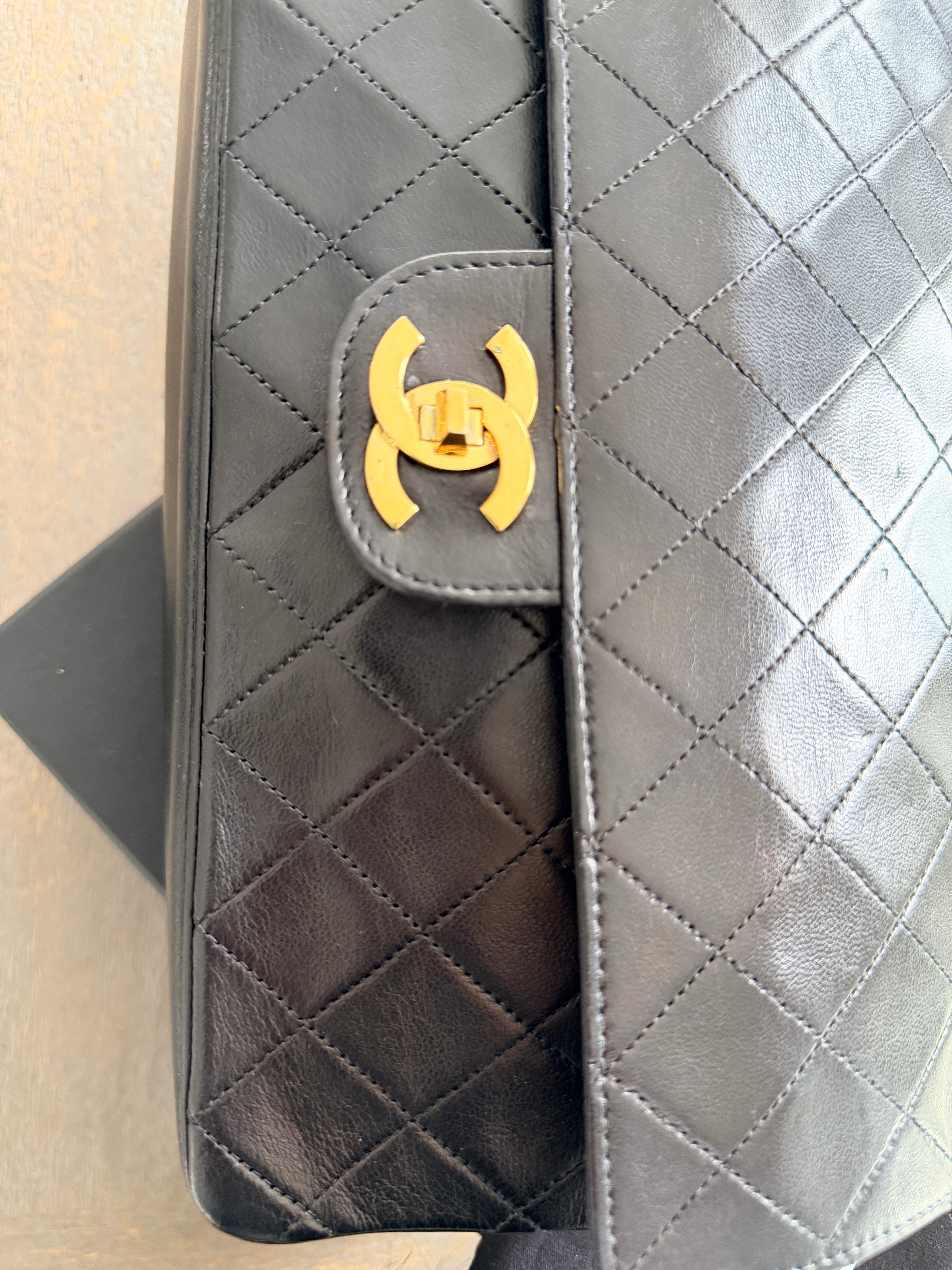 Chanel Medium Bag Double Flap Black Lambskin Leather Gold Hardware