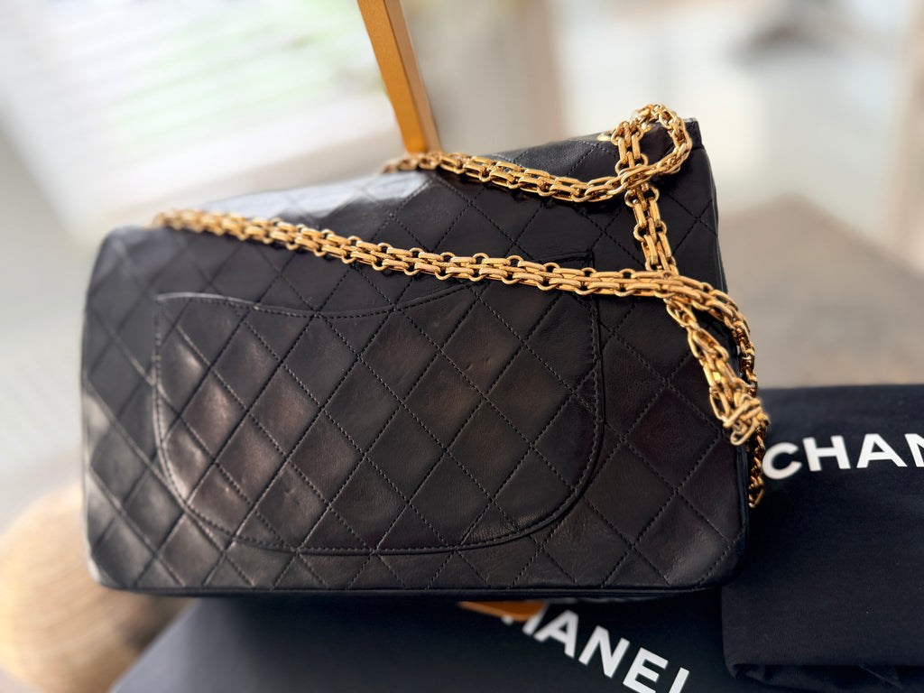 Chanel Medium Bag Double Flap Black Lambskin Leather Gold Hardware