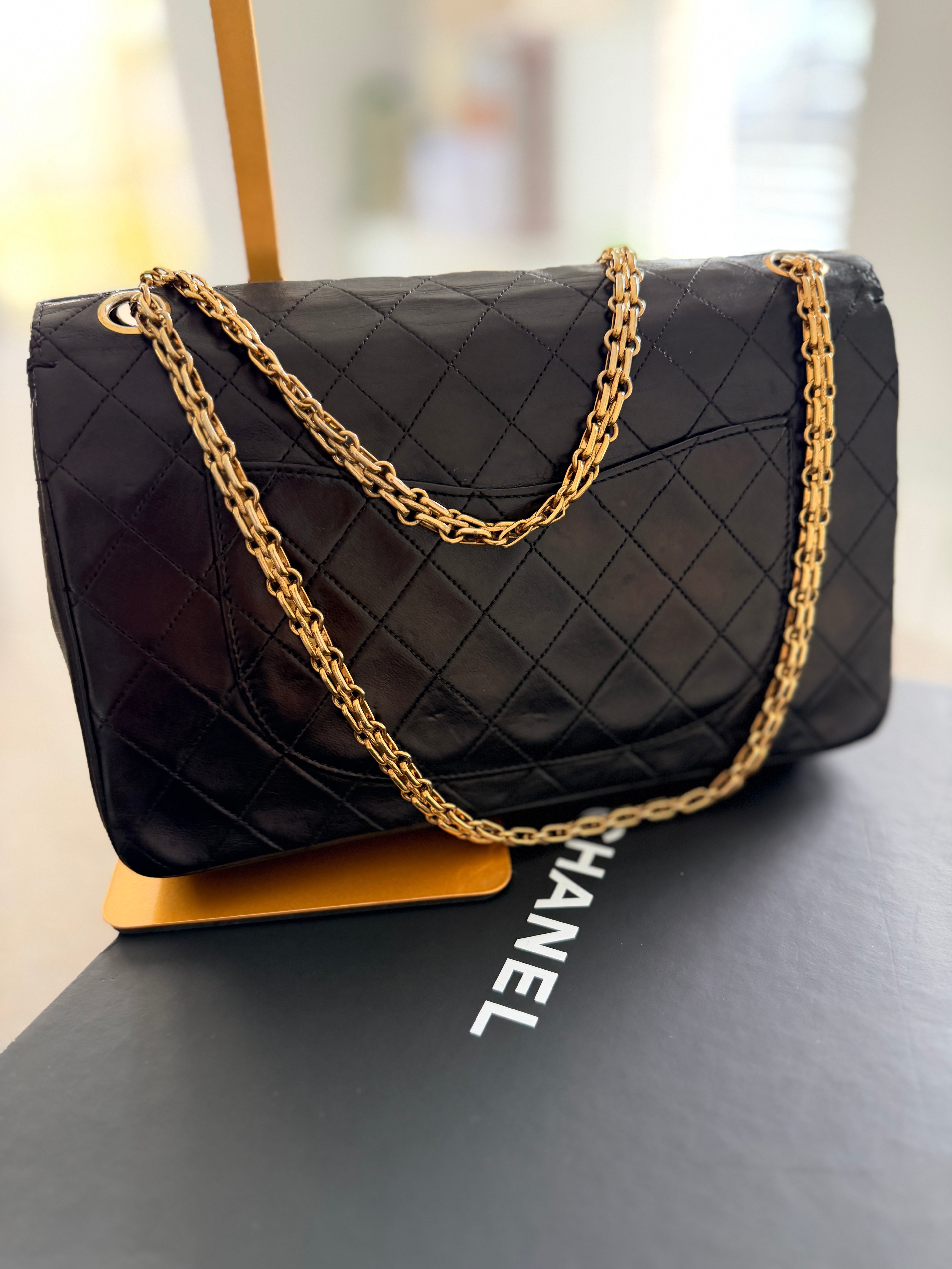 Chanel Medium Bag Double Flap Black Lambskin Leather Gold Hardware
