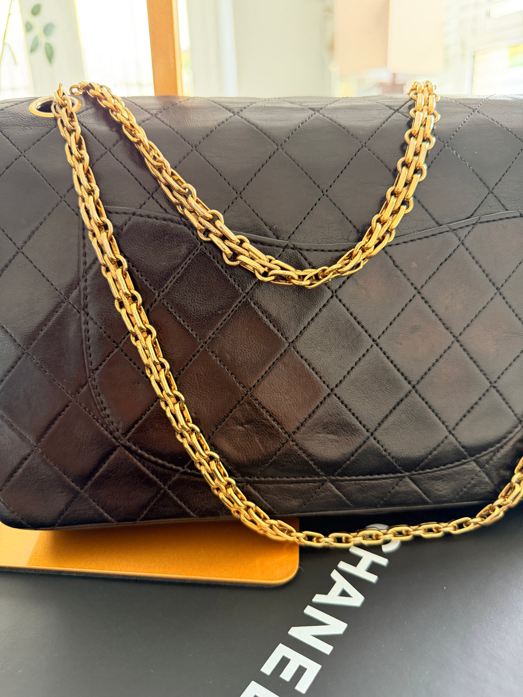 Chanel Medium Bag Double Flap Black Lambskin Leather Gold Hardware