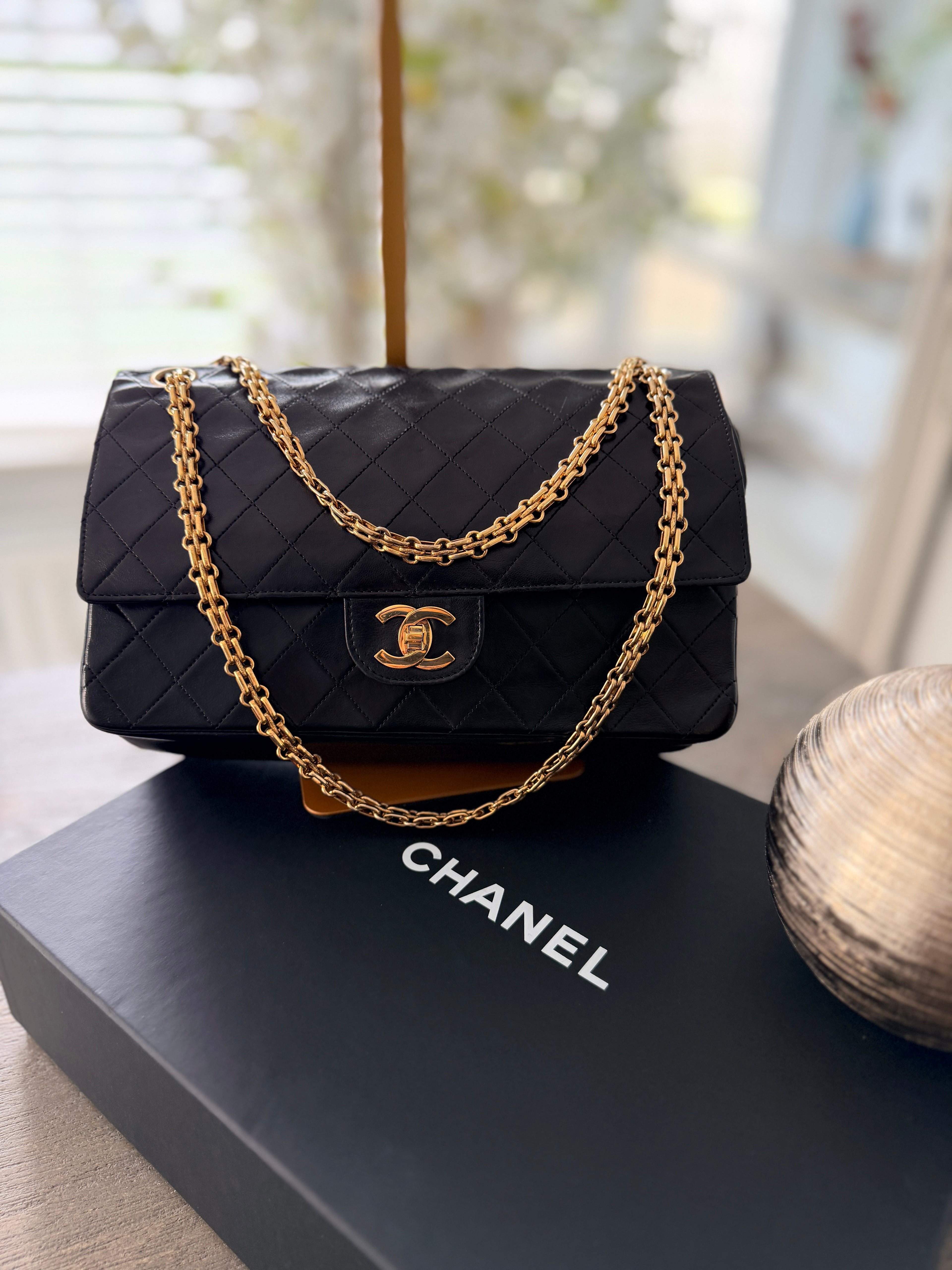 Chanel Medium Bag Double Flap Black Lambskin Leather Gold Hardware