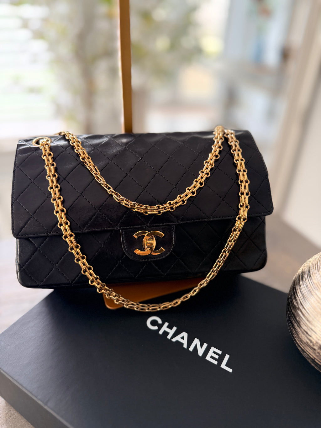 Chanel Medium Bag Double Flap Black Lambskin Leather Gold Hardware