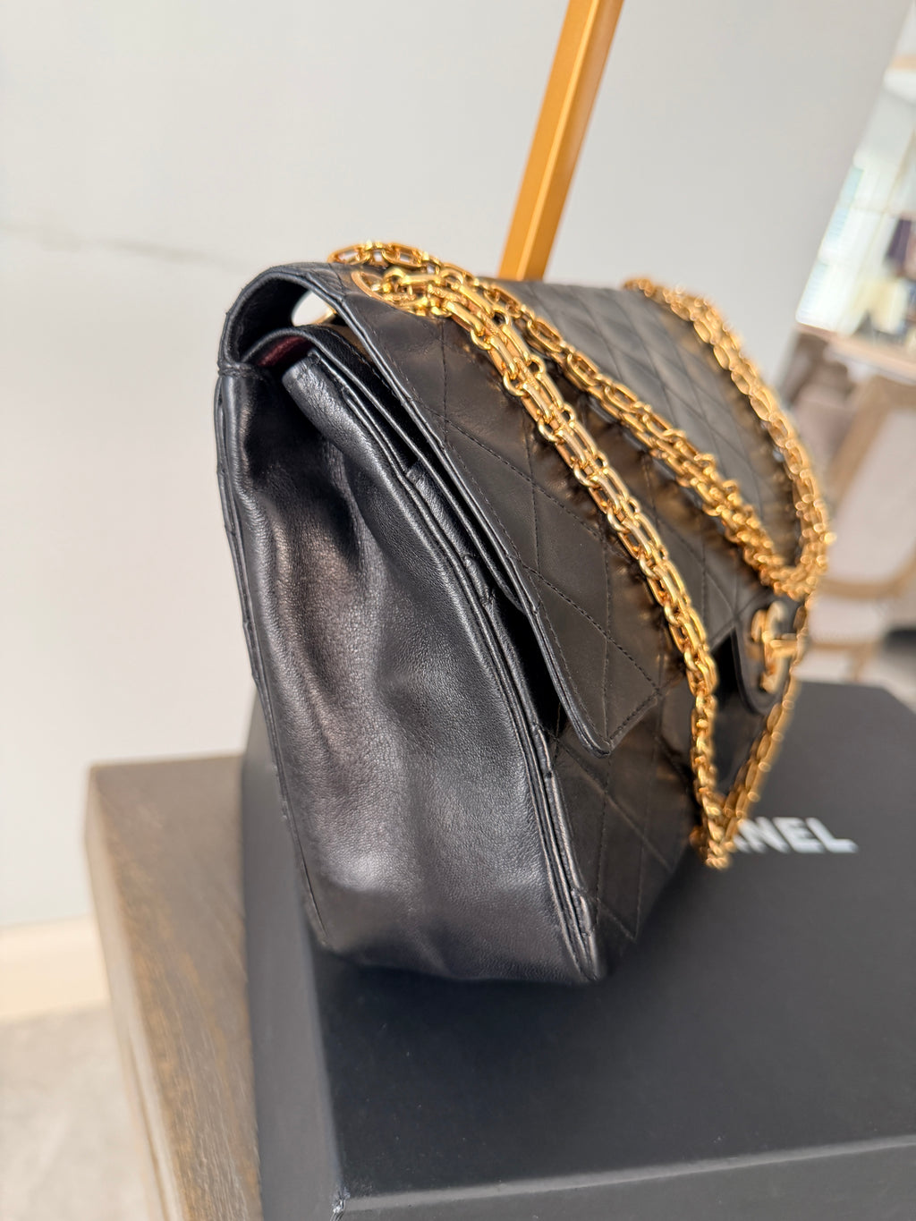 Chanel Medium Bag Double Flap Black Lambskin Leather Gold Hardware