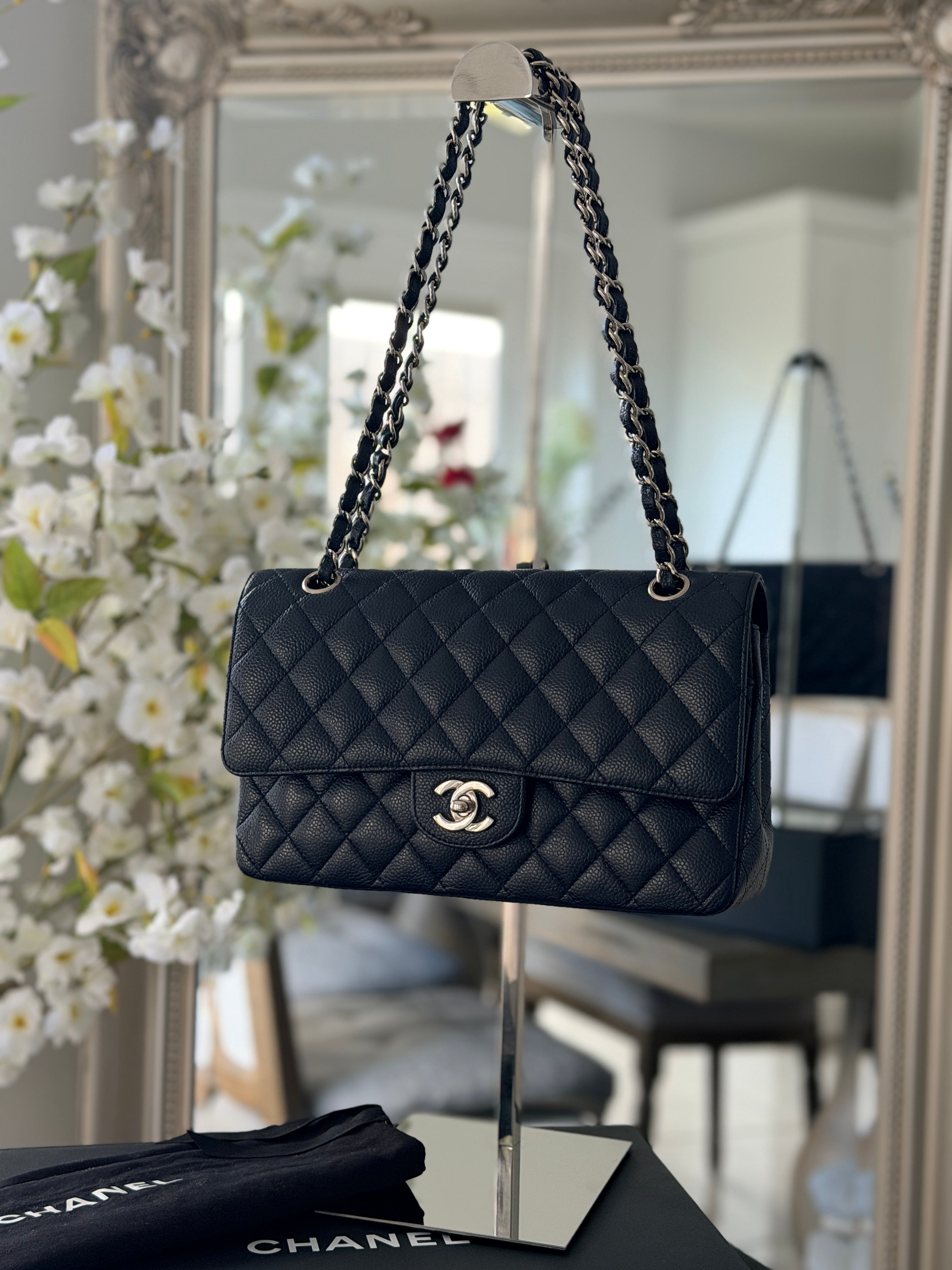 Chanel Medium Bag Classic Flap Navy Caviar Leather Silver Hardware