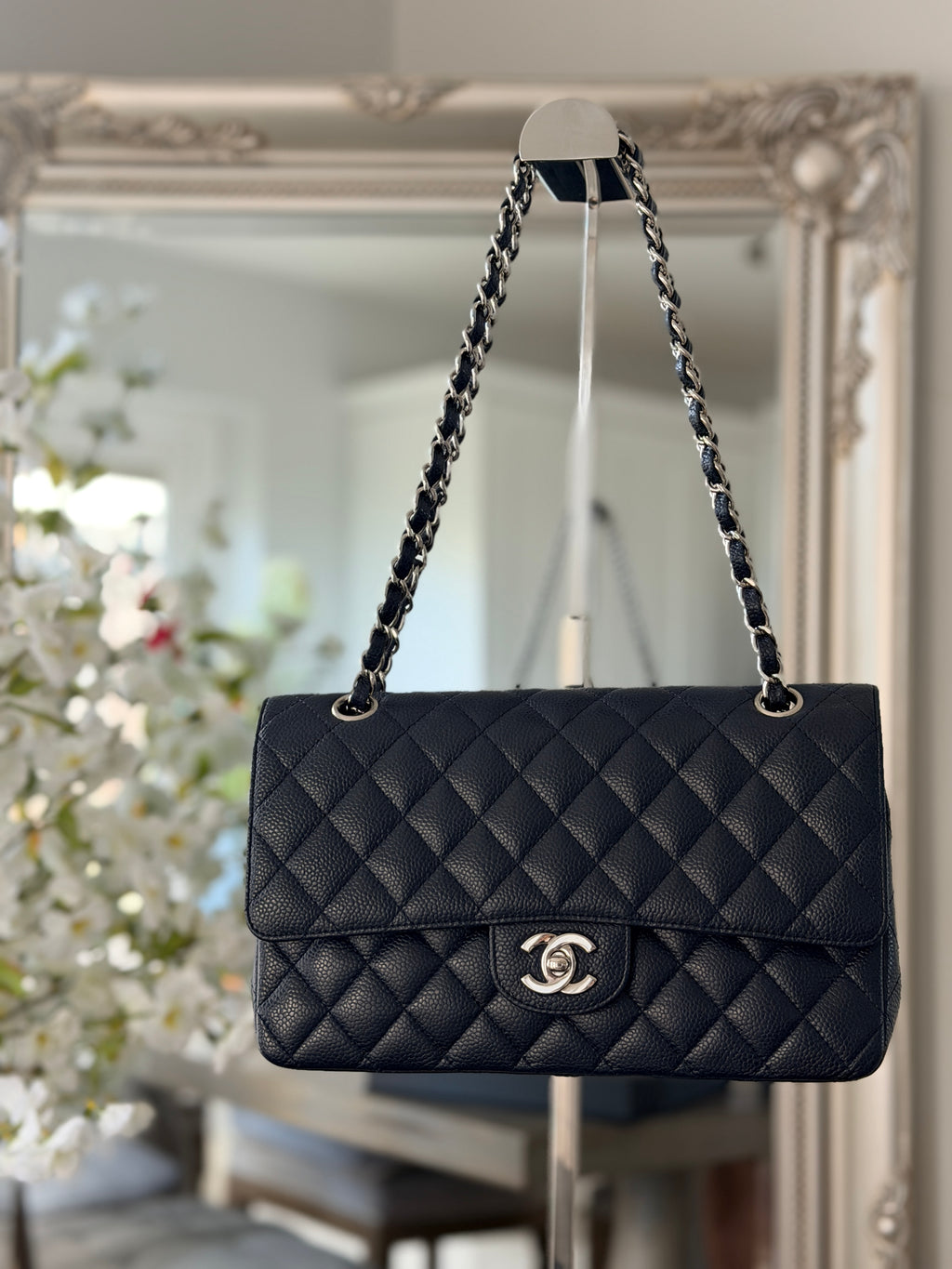 Chanel Medium Bag Classic Flap Navy Caviar Leather Silver Hardware