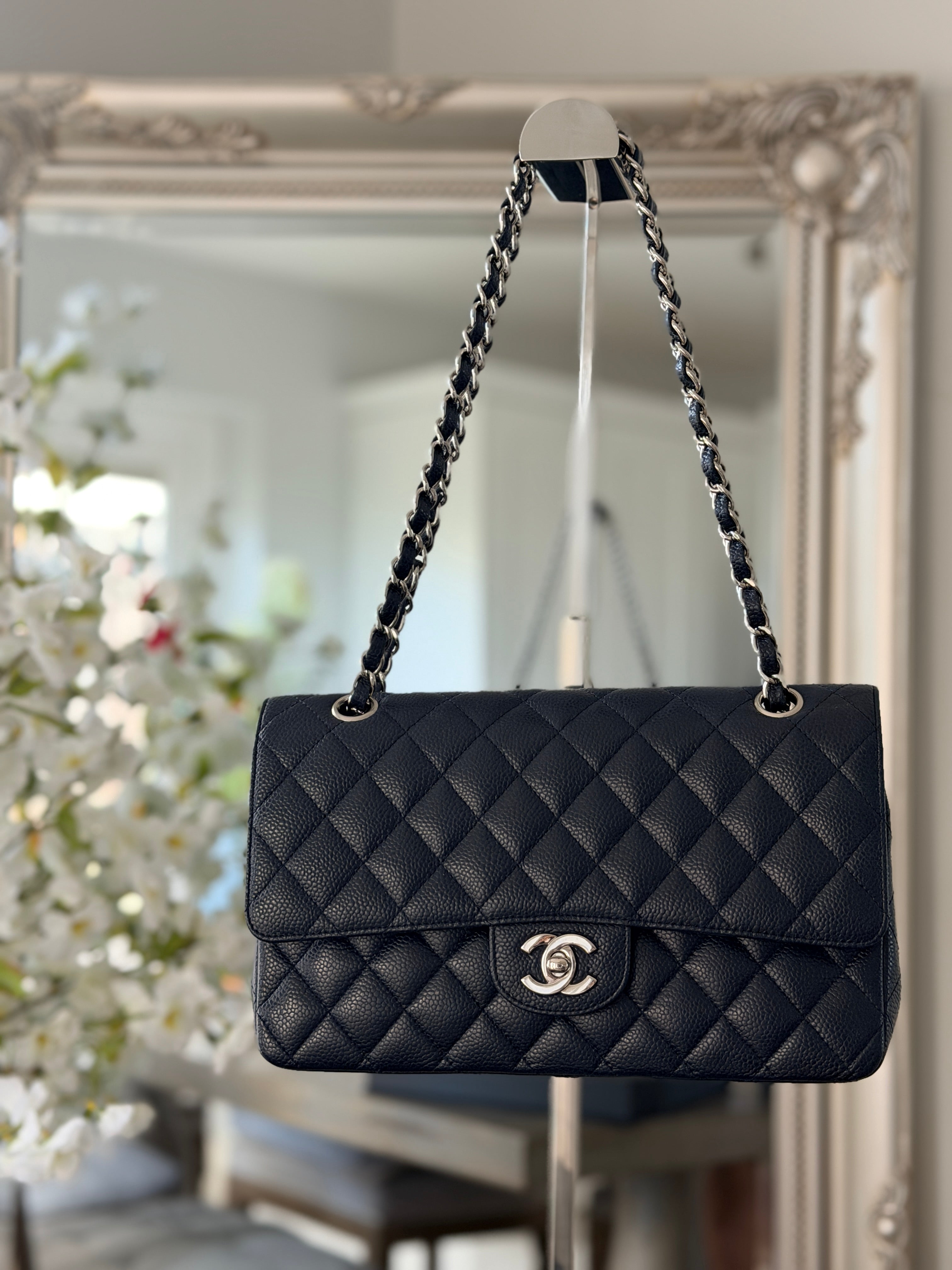 Chanel Medium Bag Classic Flap Navy Caviar Leather Silver Hardware