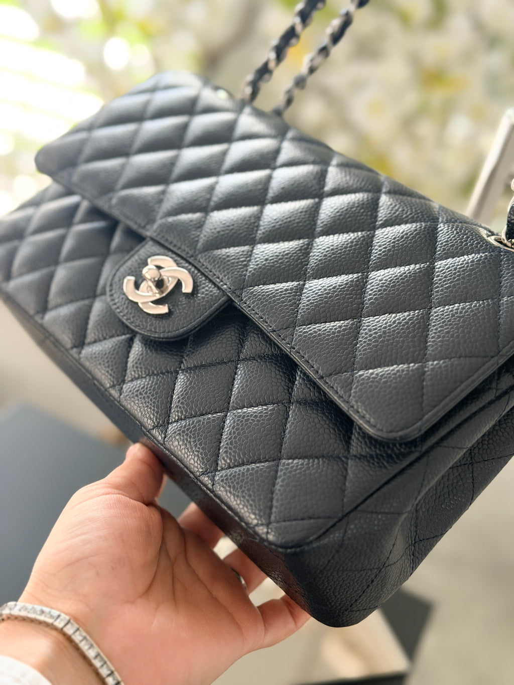 Chanel Medium Bag Classic Flap Navy Caviar Leather Silver Hardware