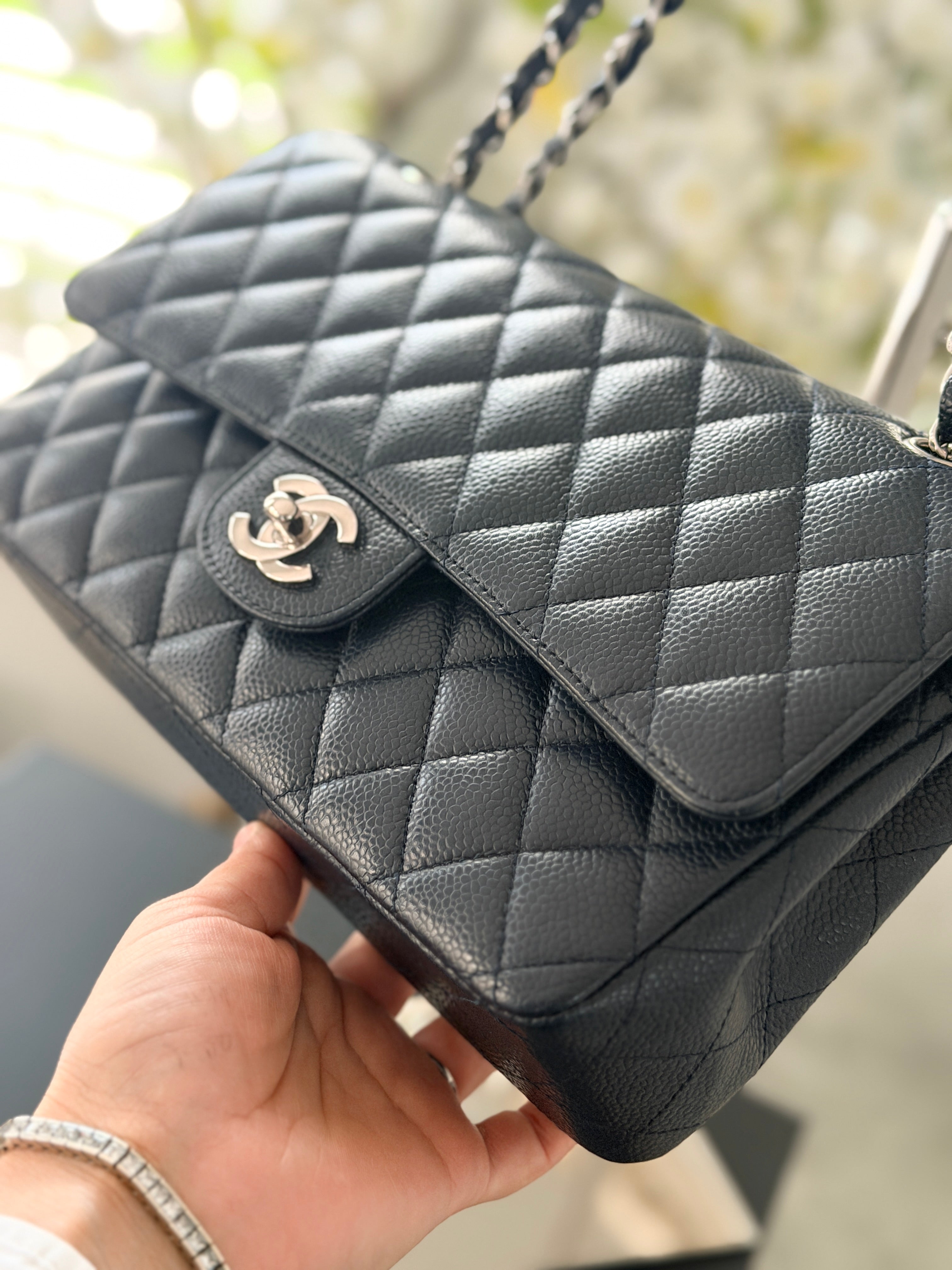 Chanel Medium Bag Classic Flap Navy Caviar Leather Silver Hardware