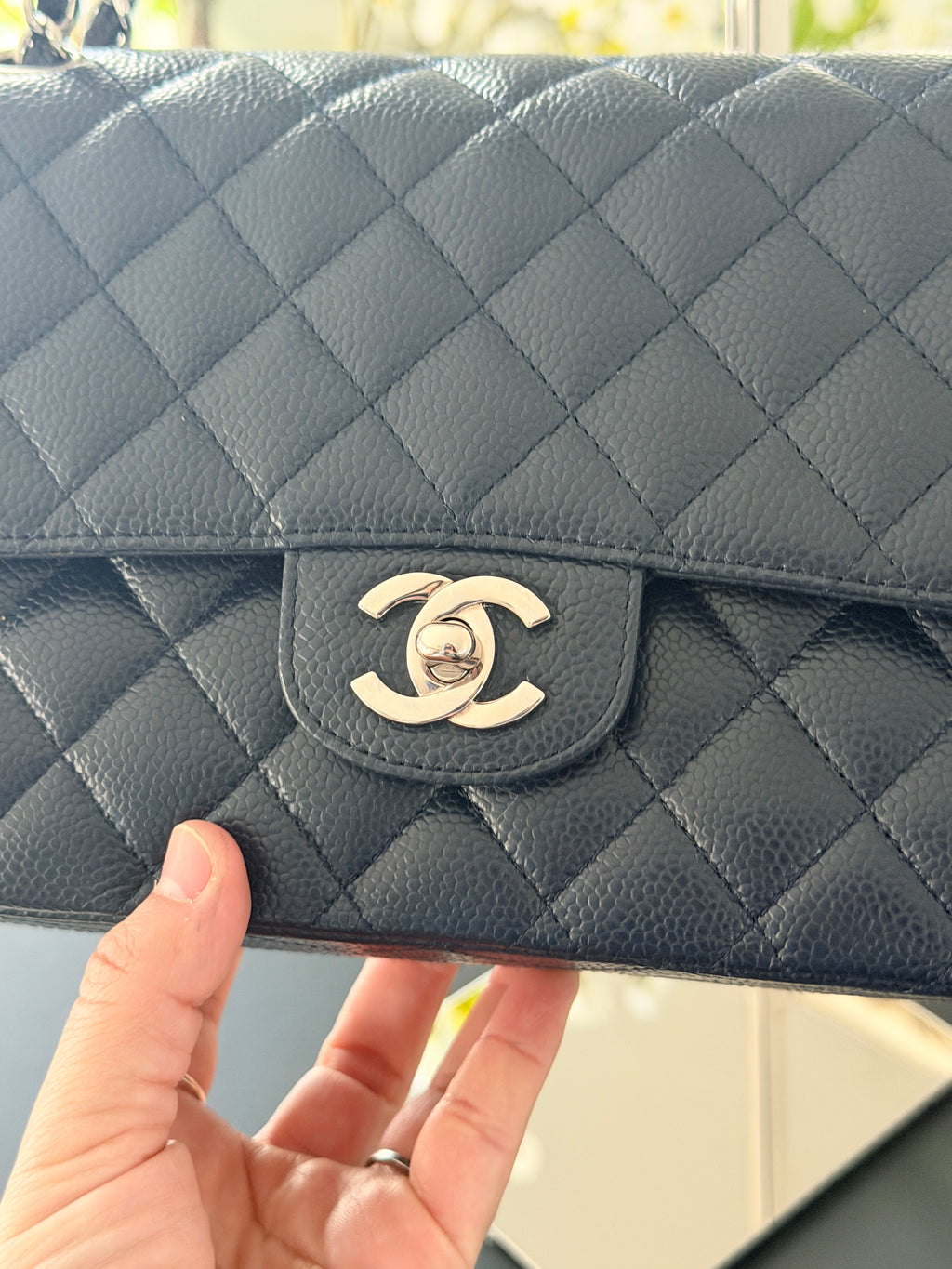 Chanel Medium Bag Classic Flap Navy Caviar Leather Silver Hardware