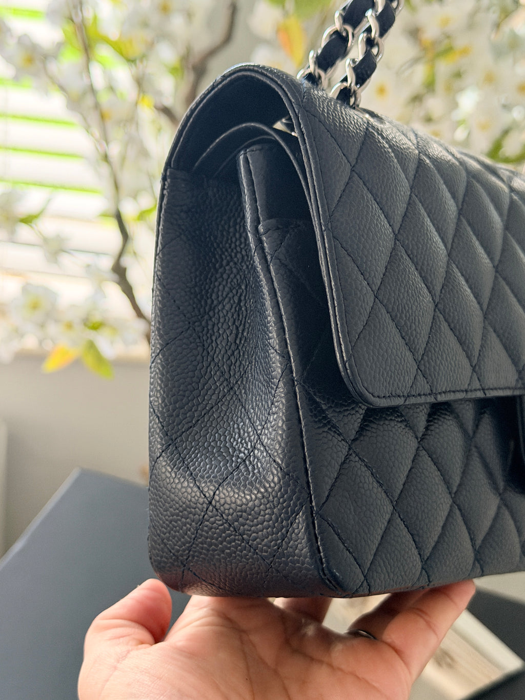 Chanel Medium Bag Classic Flap Navy Caviar Leather Silver Hardware