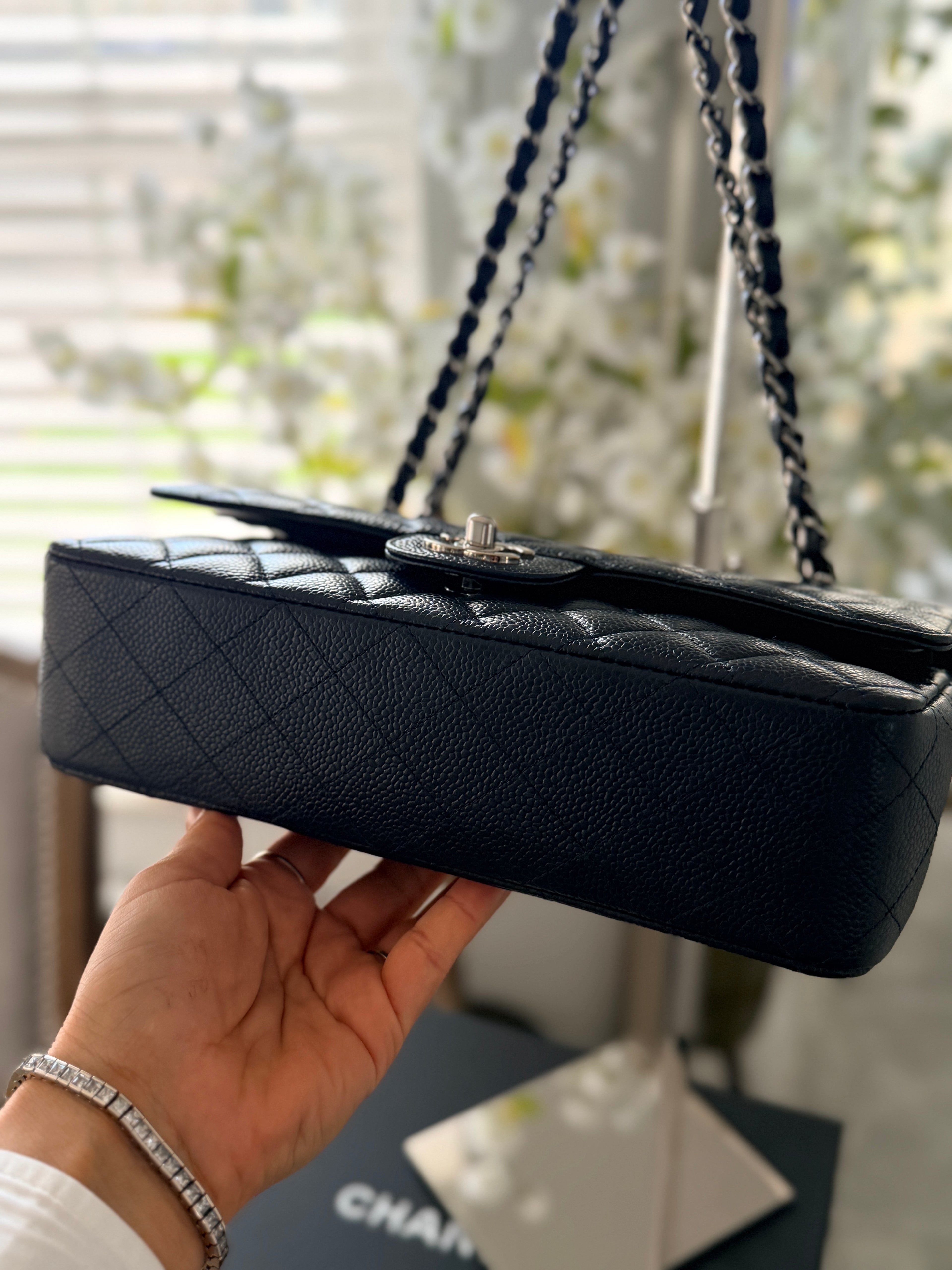 Chanel Medium Bag Classic Flap Navy Caviar Leather Silver Hardware