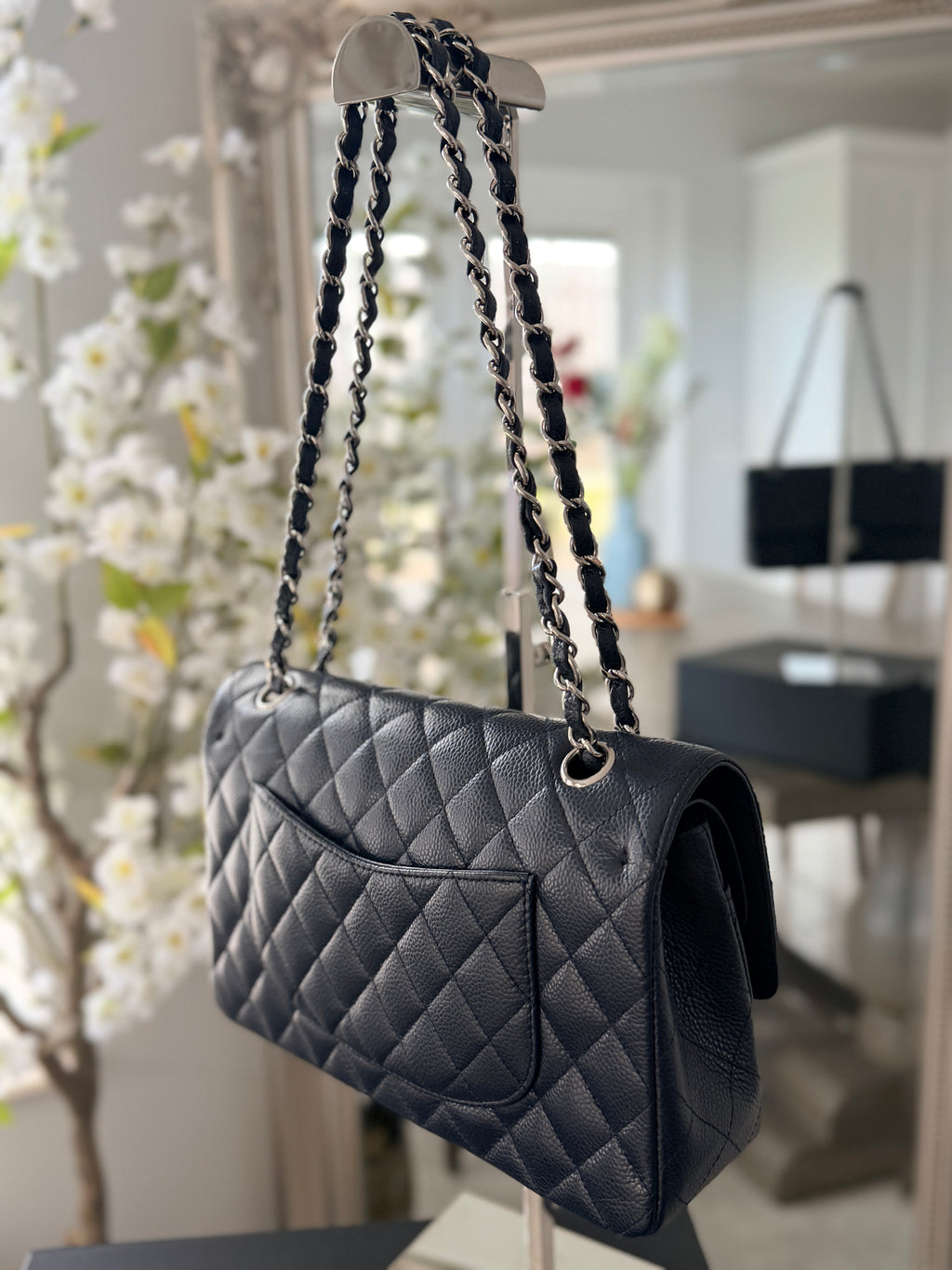 Chanel Medium Bag Classic Flap Navy Caviar Leather Silver Hardware