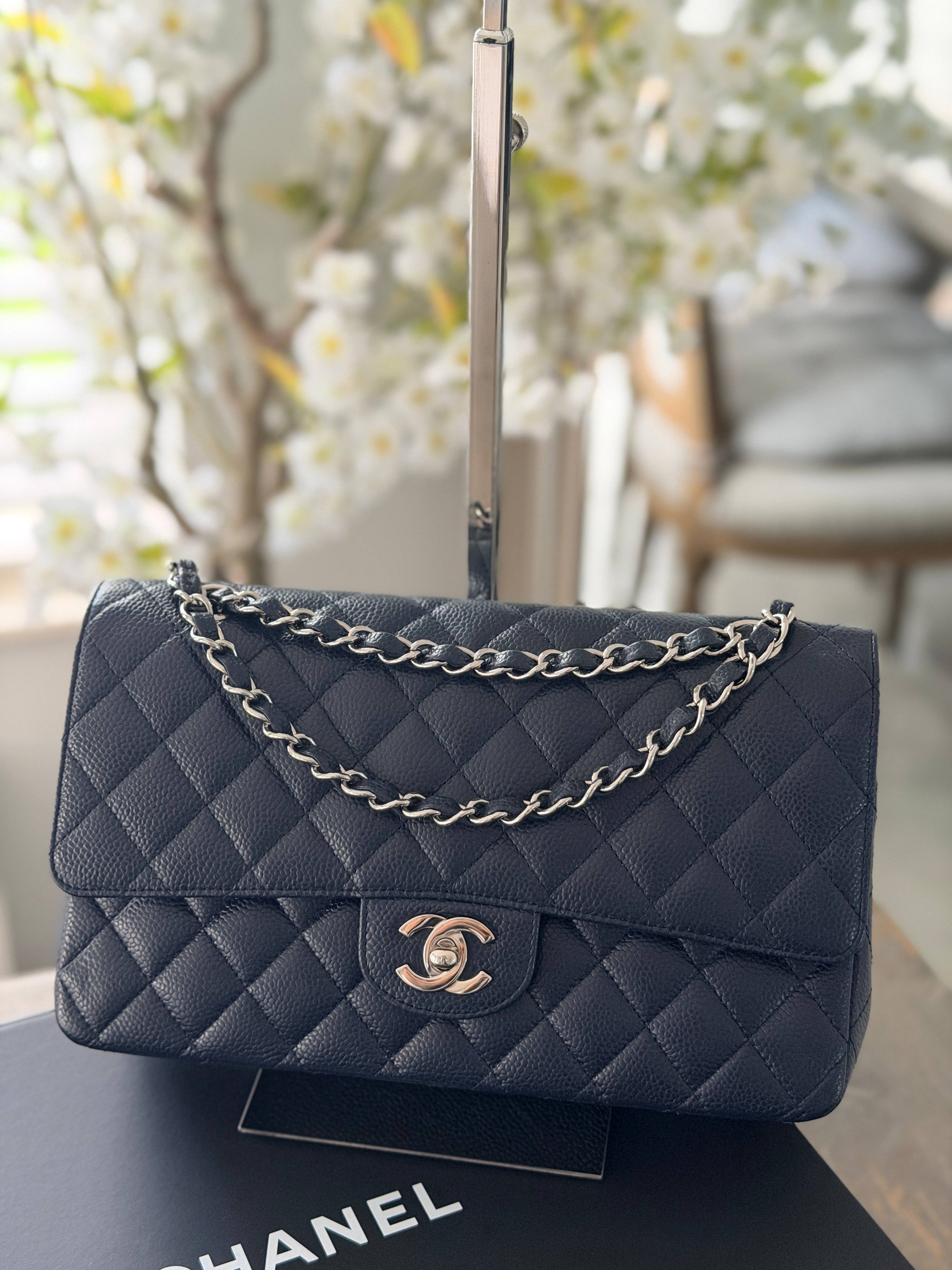 Chanel Medium Bag Classic Flap Navy Caviar Leather Silver Hardware