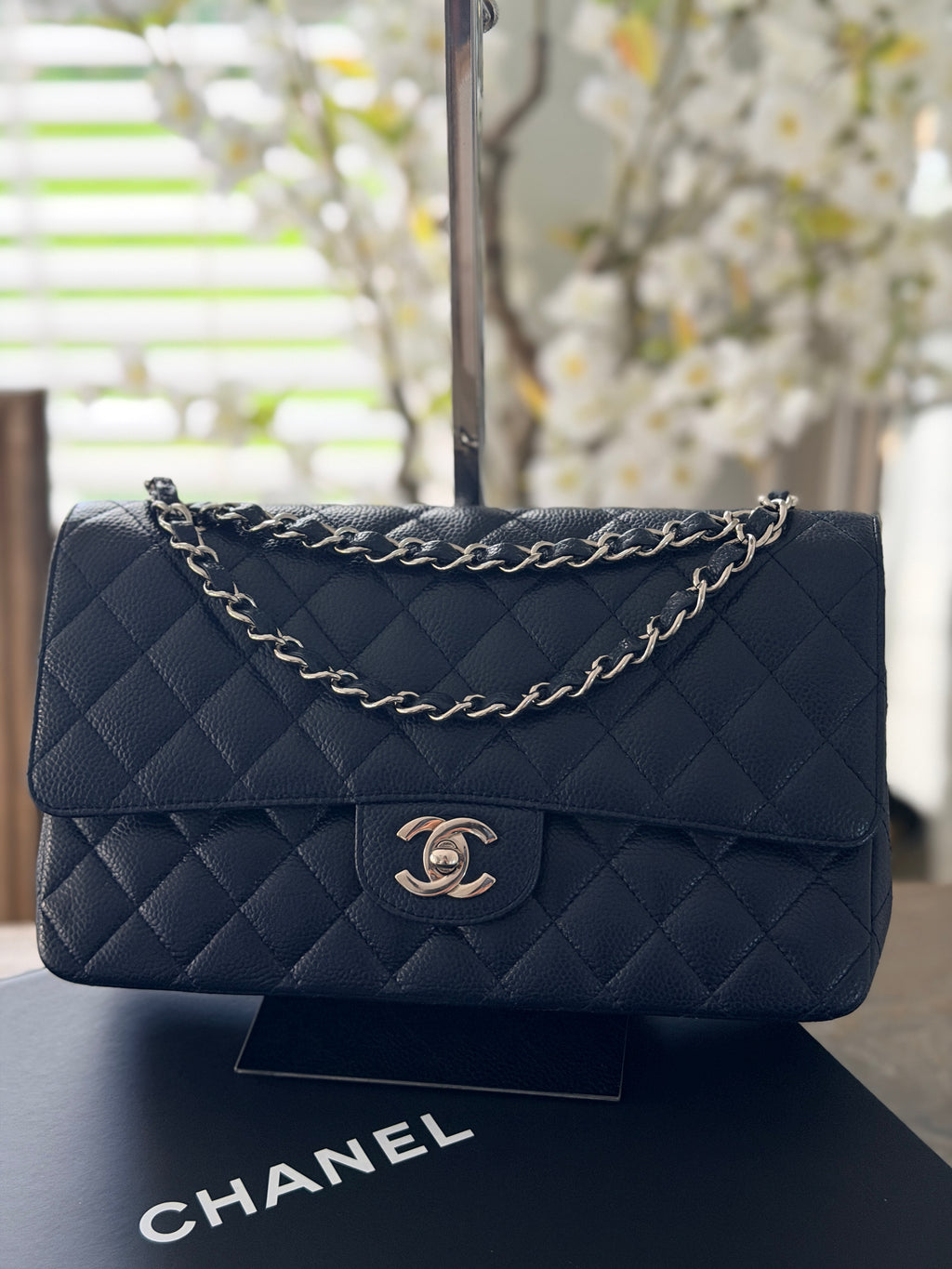 Chanel Medium Bag Classic Flap Navy Caviar Leather Silver Hardware