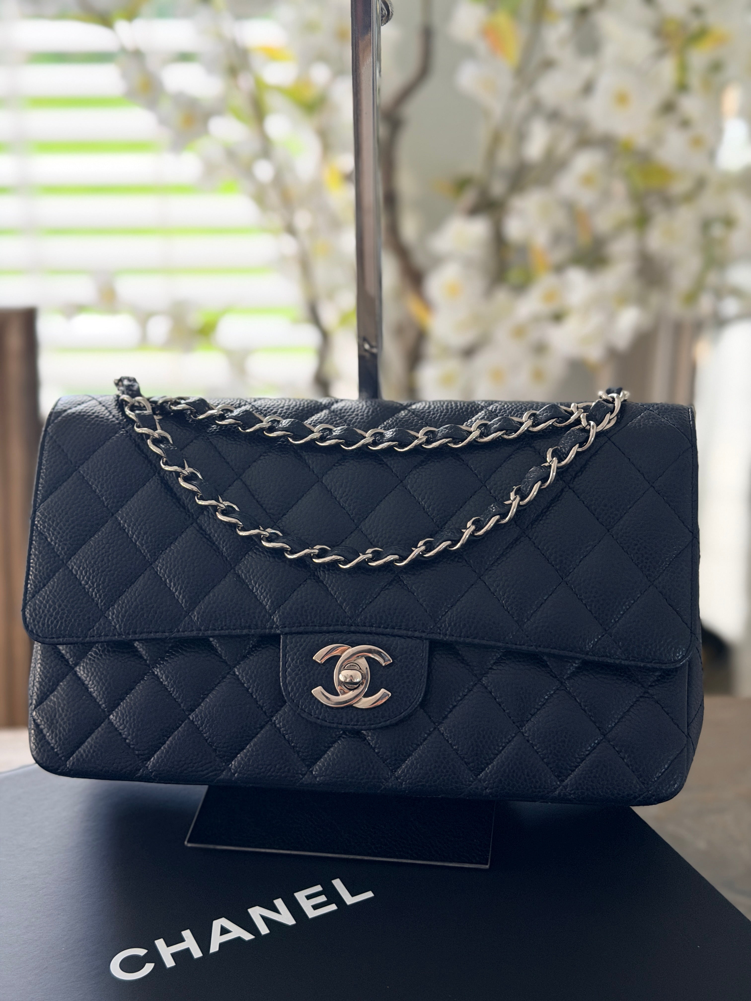 Chanel Medium Bag Classic Flap Navy Caviar Leather Silver Hardware