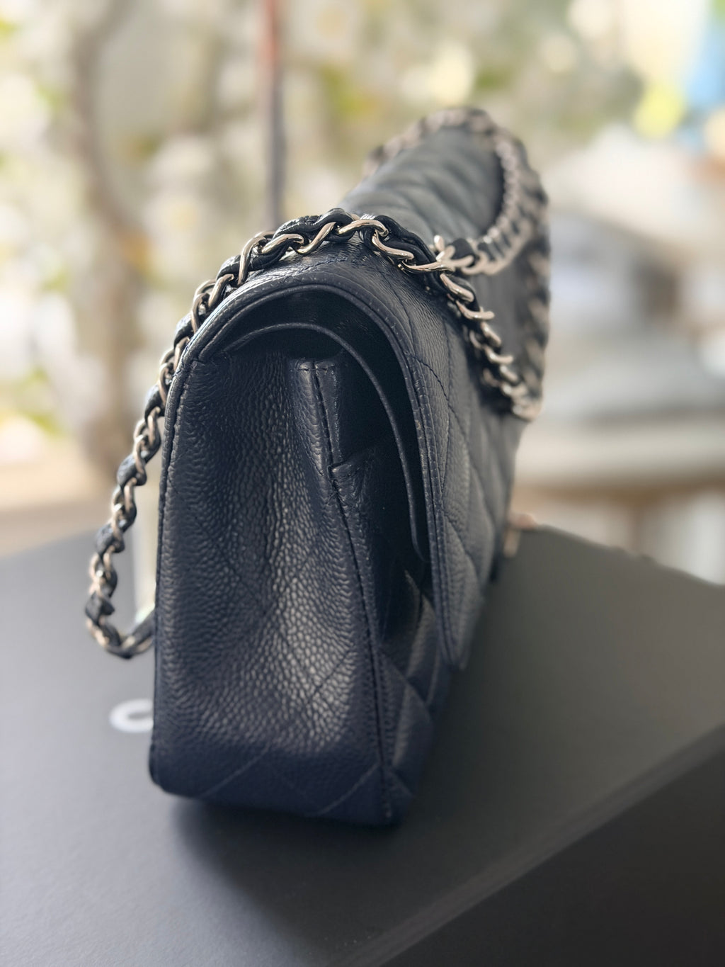 Chanel Medium Bag Classic Flap Navy Caviar Leather Silver Hardware