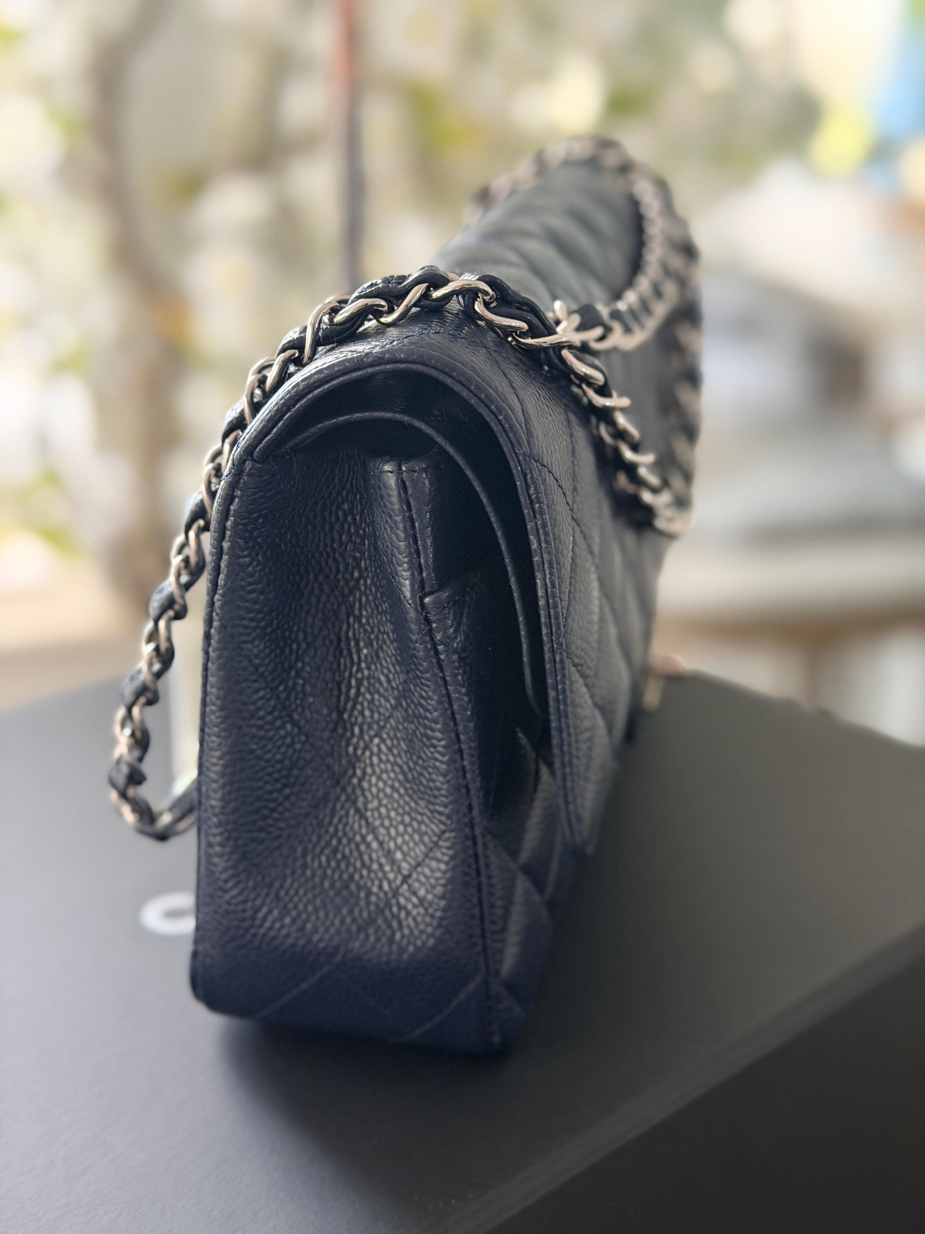 Chanel Medium Bag Classic Flap Navy Caviar Leather Silver Hardware