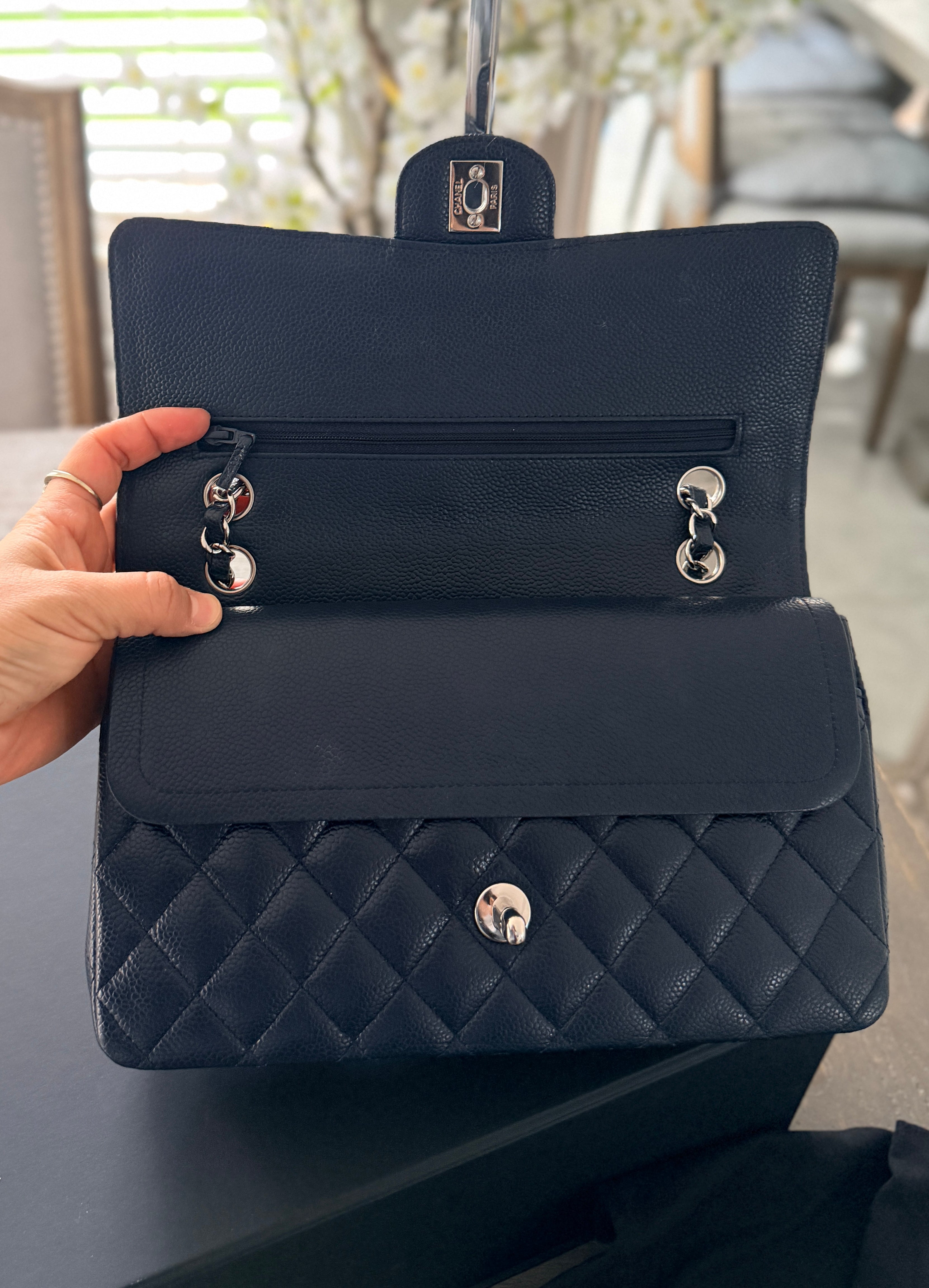 Chanel Medium Bag Classic Flap Navy Caviar Leather Silver Hardware