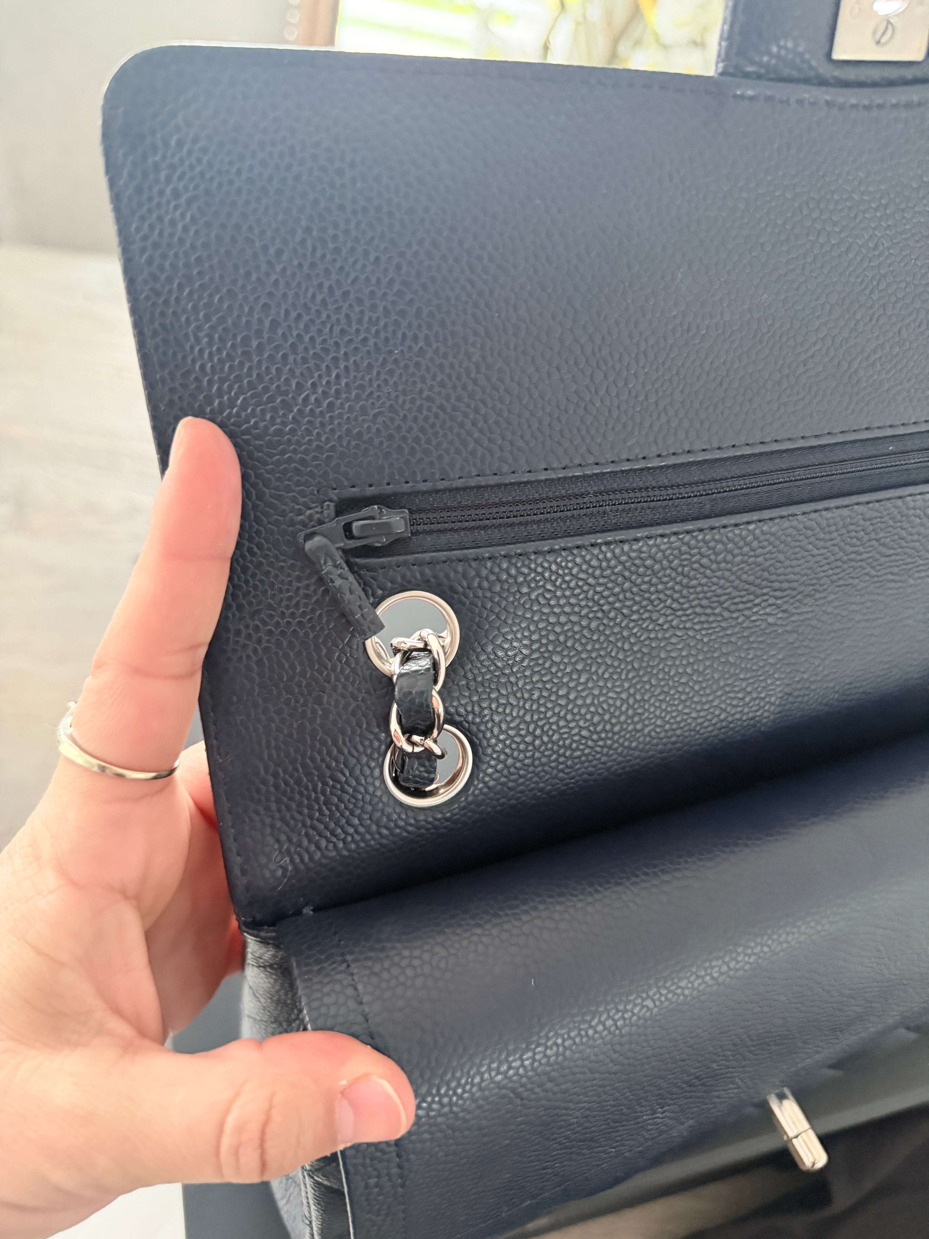 Chanel Medium Bag Classic Flap Navy Caviar Leather Silver Hardware