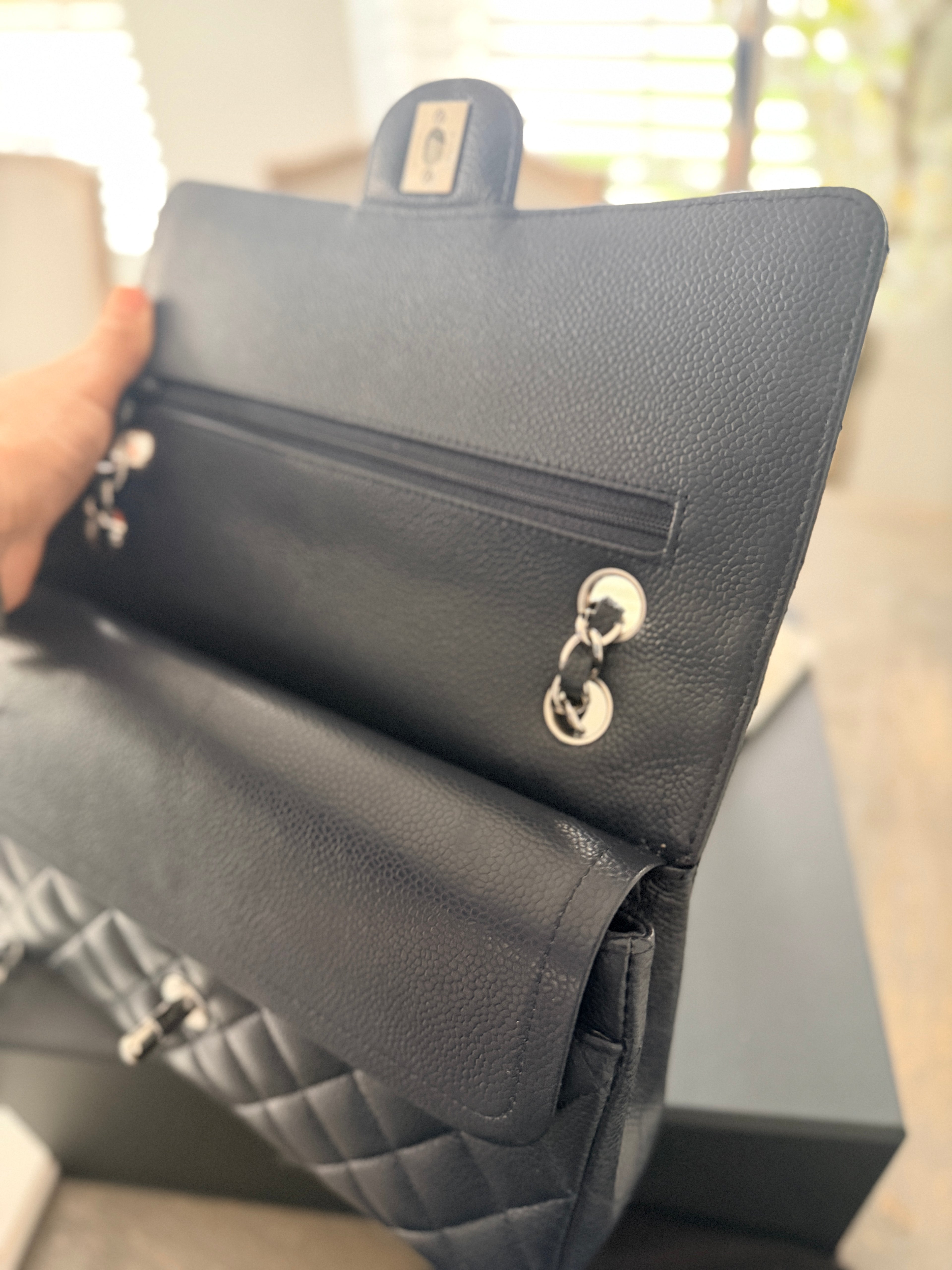 Chanel Medium Bag Classic Flap Navy Caviar Leather Silver Hardware