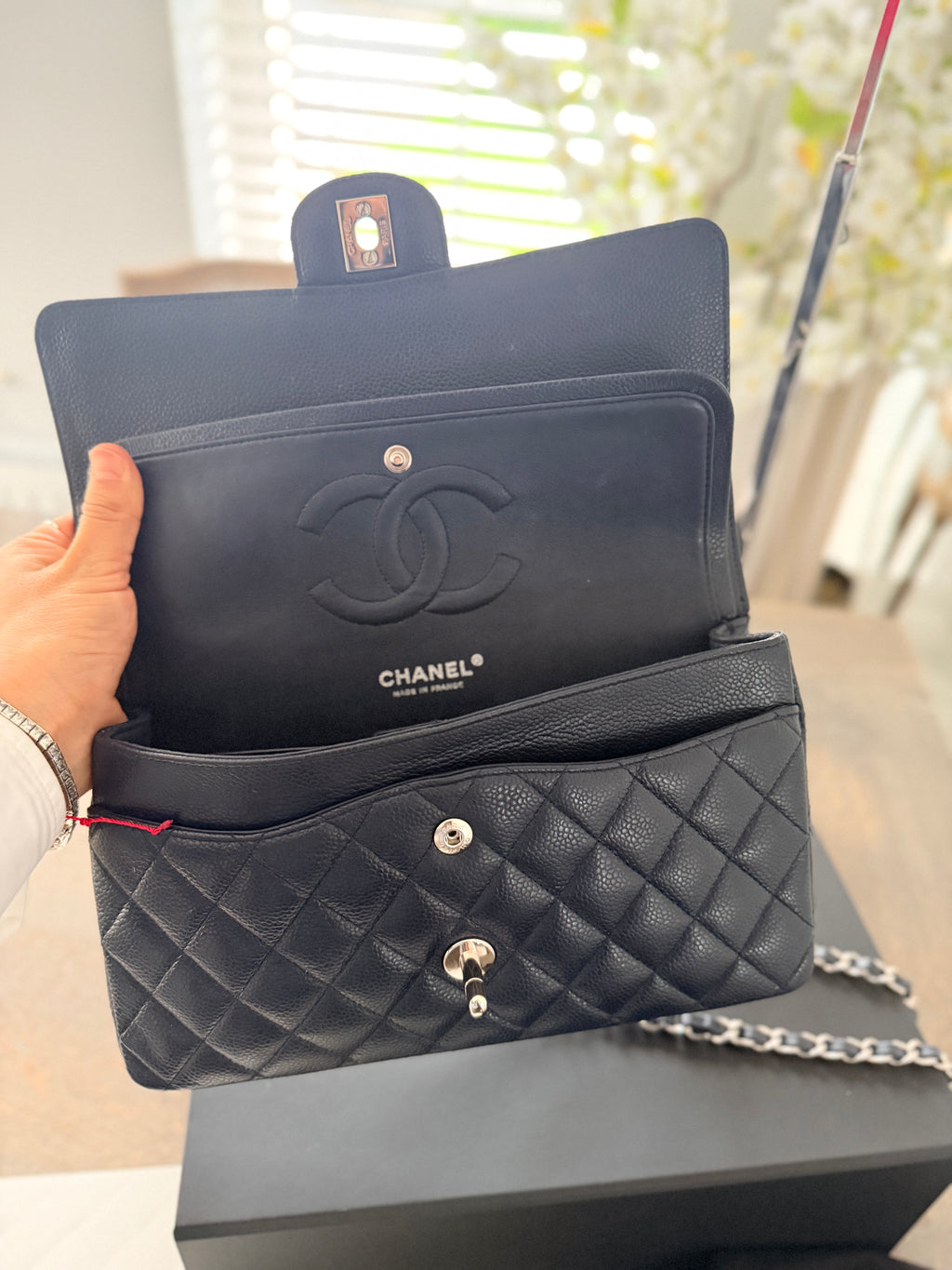 Chanel Medium Bag Classic Flap Navy Caviar Leather Silver Hardware