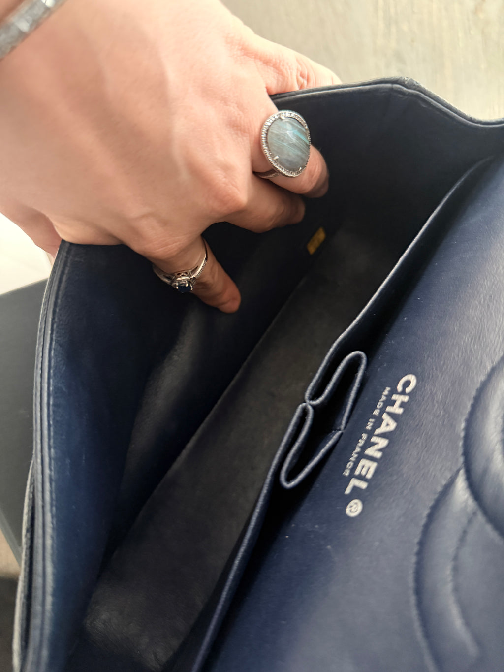 Chanel Medium Bag Classic Flap Navy Caviar Leather Silver Hardware