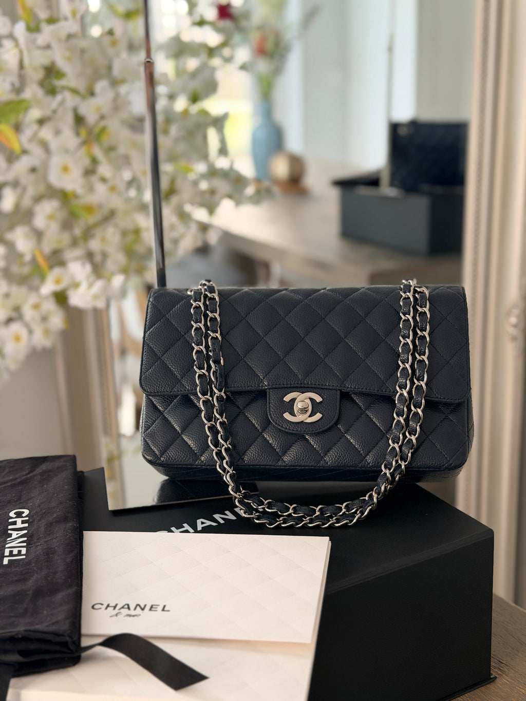 Chanel Medium Bag Classic Flap Navy Caviar Leather Silver Hardware
