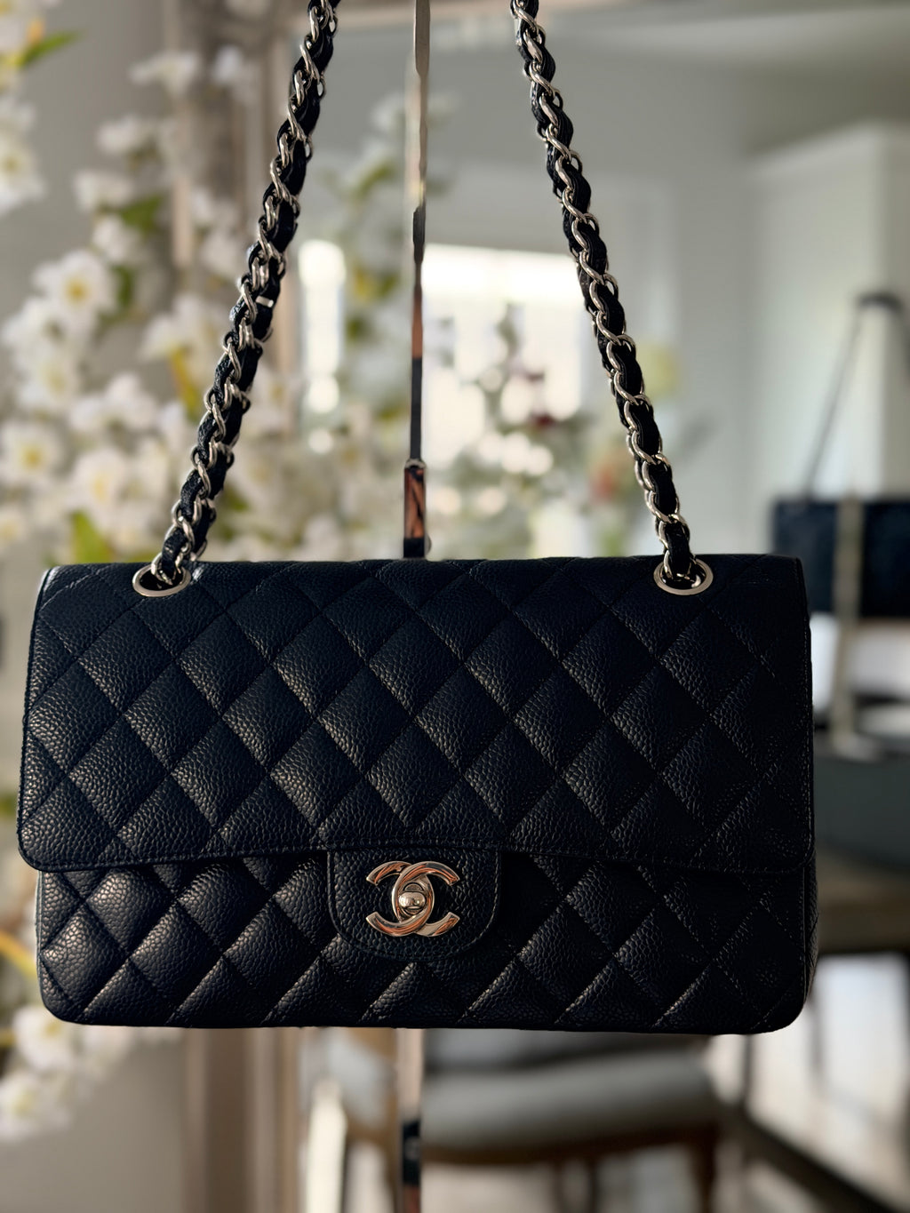 Chanel Medium Bag Classic Flap Navy Caviar Leather Silver Hardware