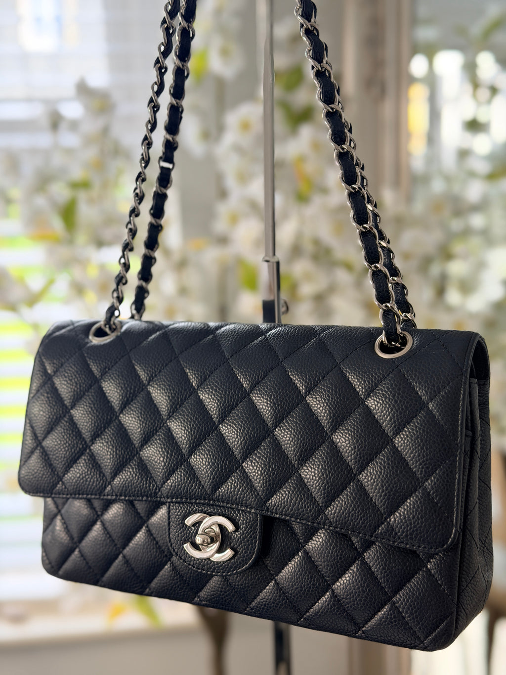 Chanel Medium Bag Classic Flap Navy Caviar Leather Silver Hardware