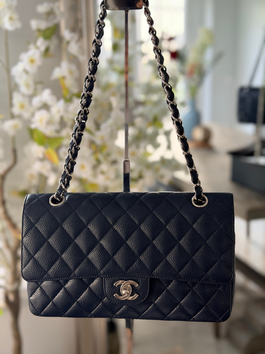 Chanel Medium Bag Classic Flap Navy Caviar Leather Silver Hardware