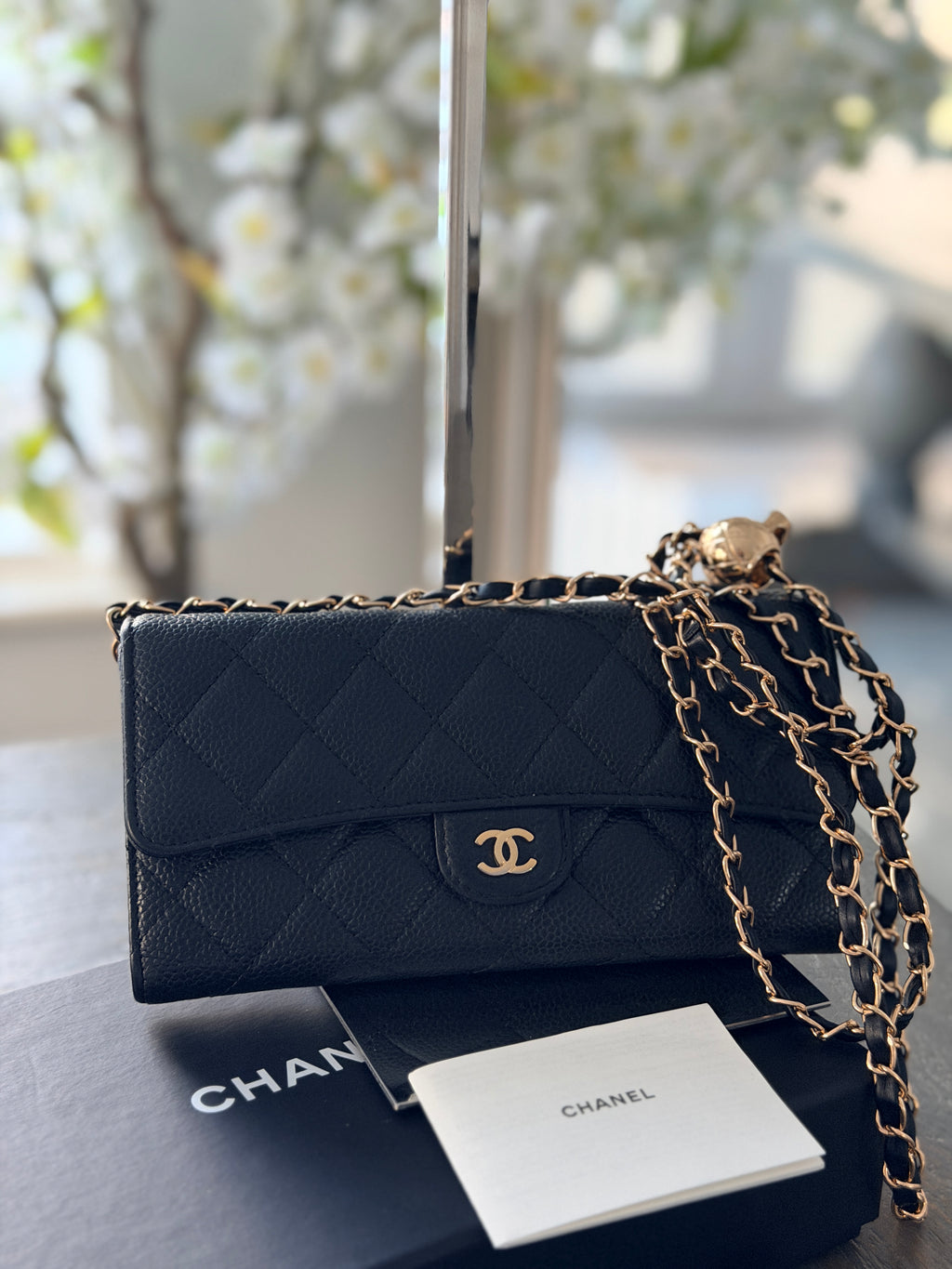 Chanel Long Wallet Black Caviar Leather Gold Hardware