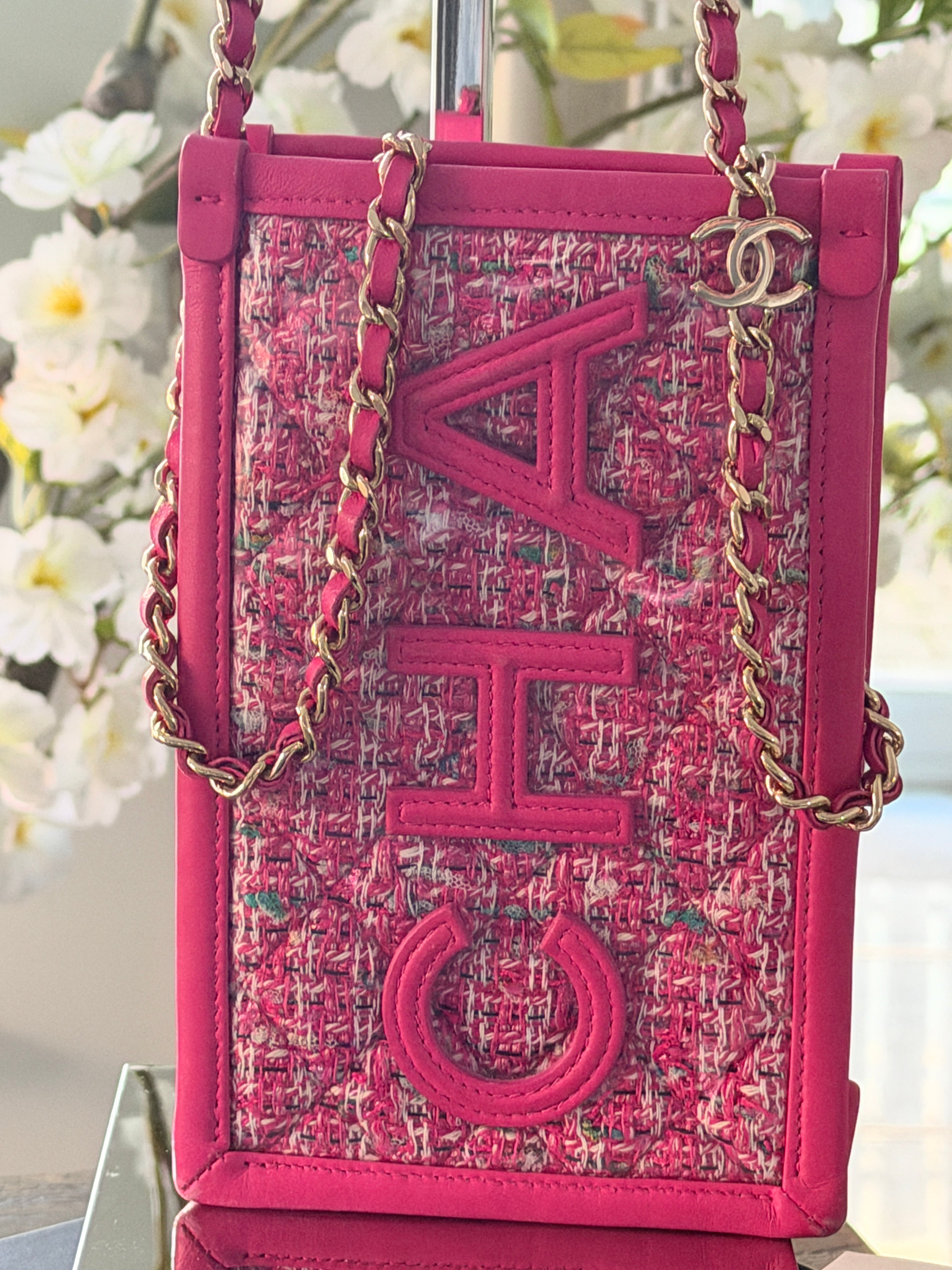 Chanel Mini Vertical Crossbody Bag Pink Tweed & Leather Gold Hardware
