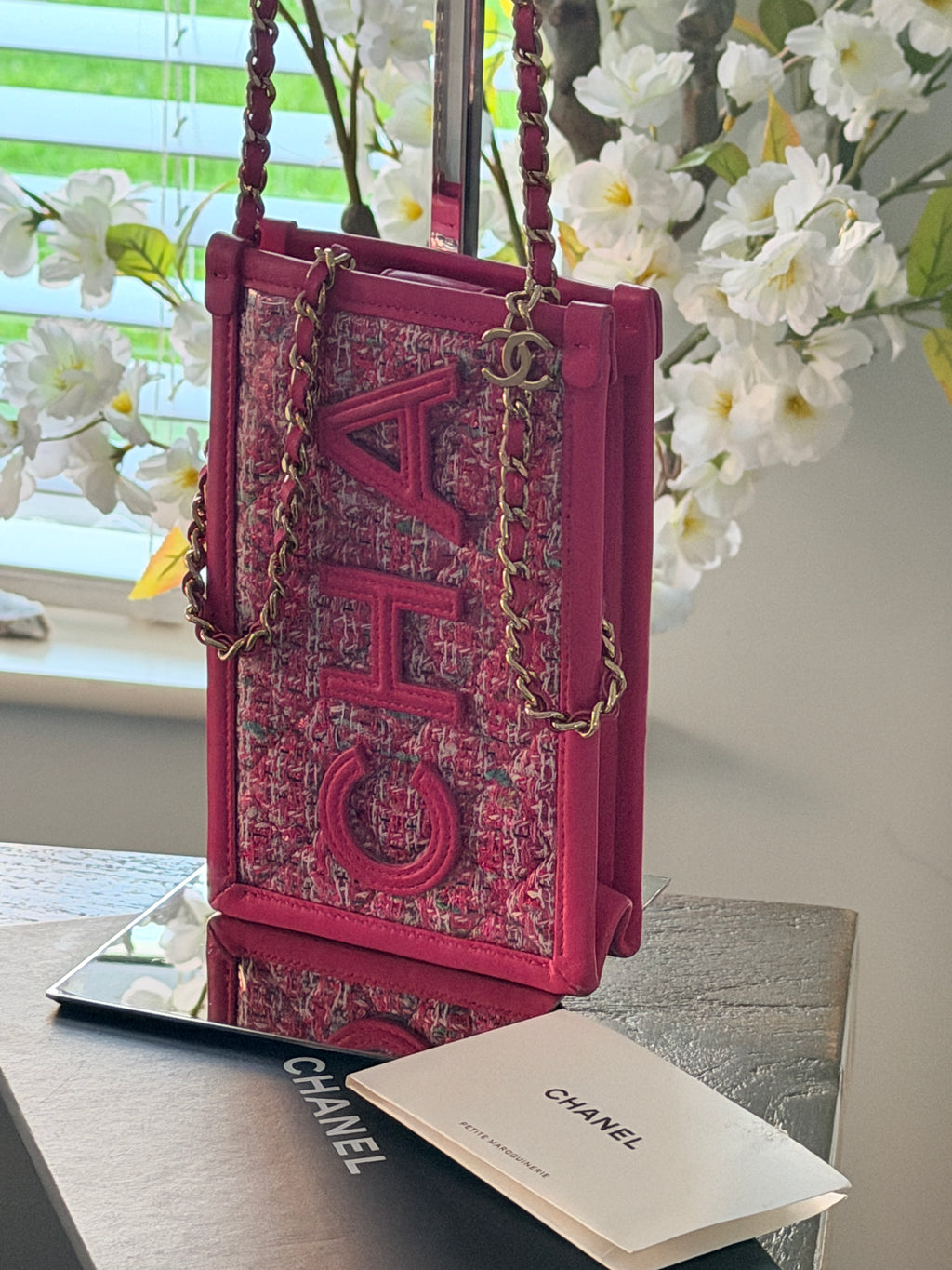 Chanel Mini Vertical Crossbody Bag Pink Tweed & Leather Gold Hardware