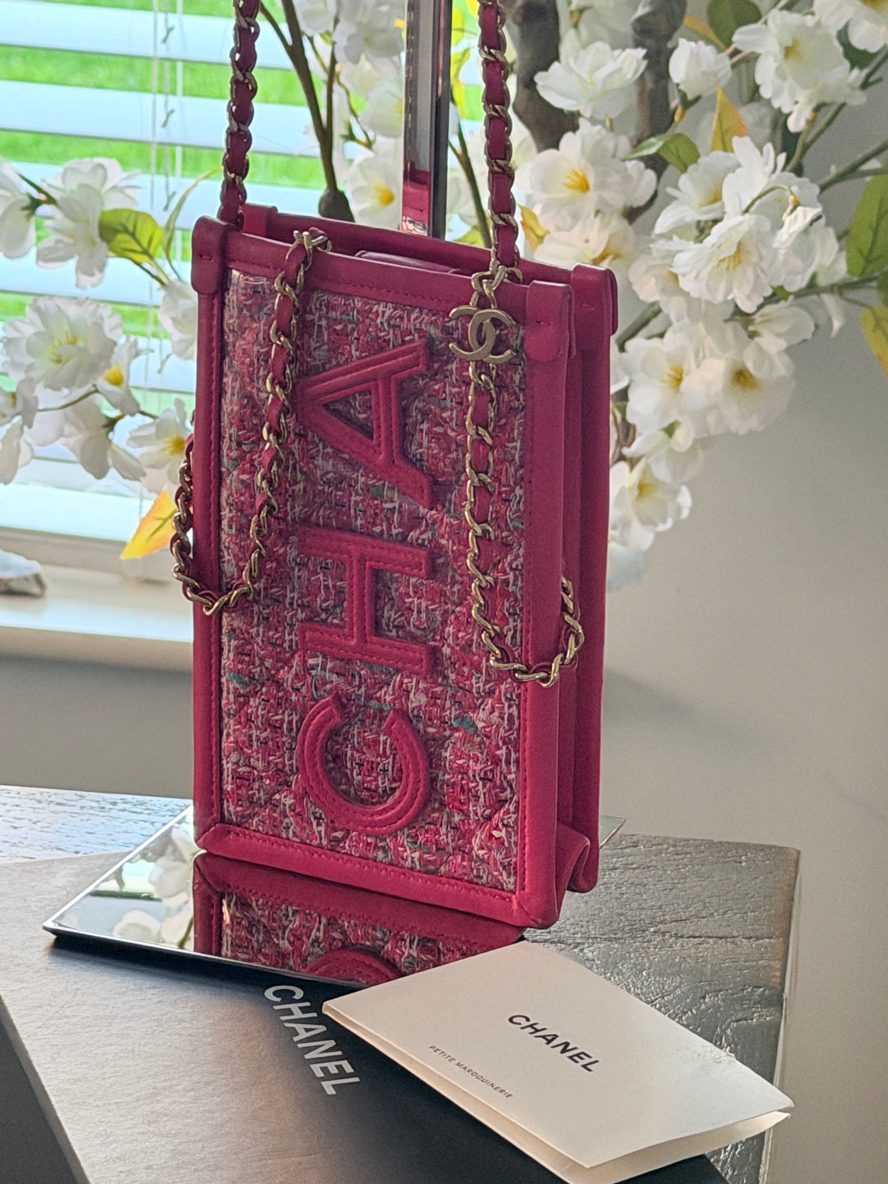 Chanel Mini Vertical Crossbody Bag Pink Tweed & Leather Gold Hardware