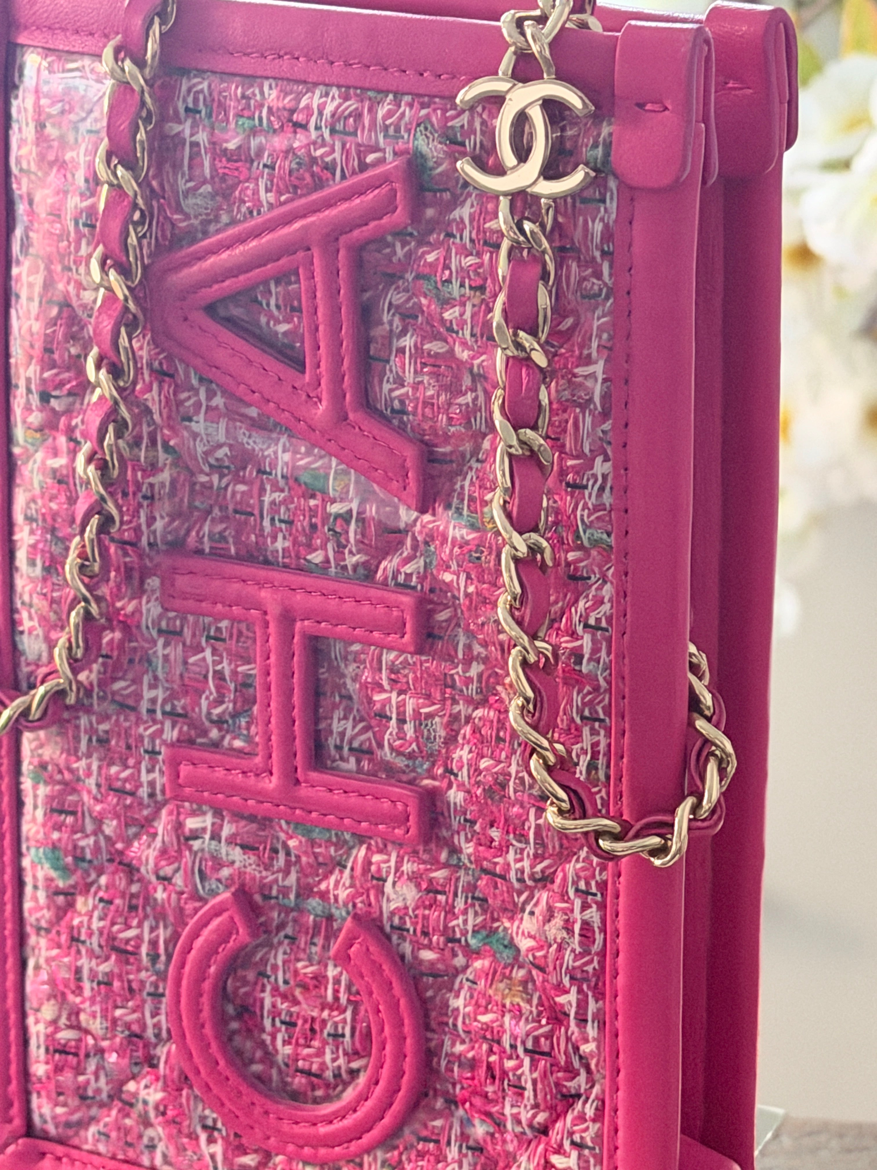 Chanel Mini Vertical Crossbody Bag Pink Tweed & Leather Gold Hardware