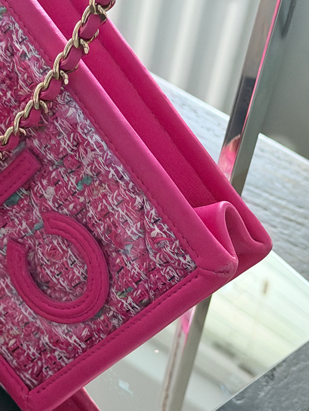 Chanel Mini Vertical Crossbody Bag Pink Tweed & Leather Gold Hardware