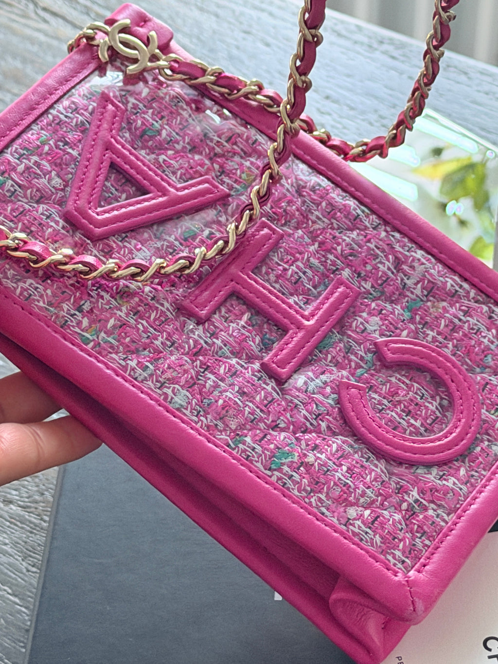 Chanel Mini Vertical Crossbody Bag Pink Tweed & Leather Gold Hardware